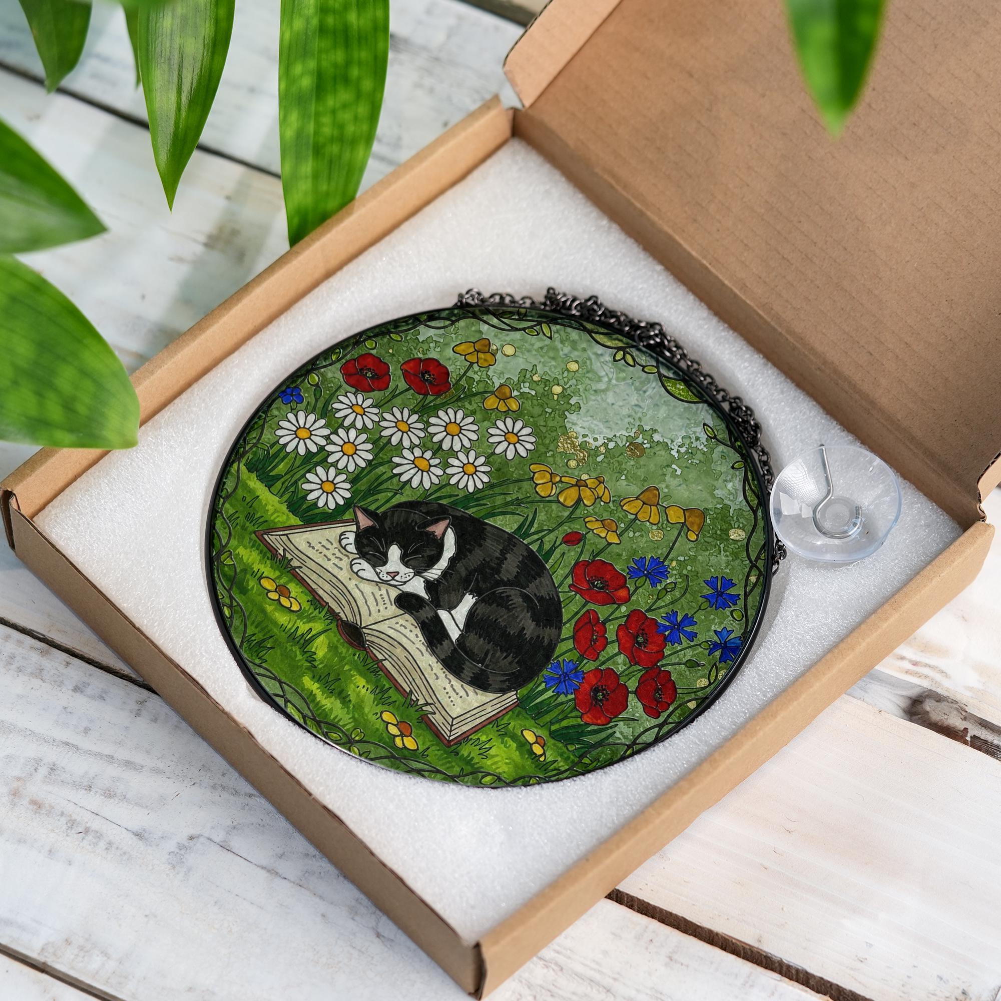 Cat and Book Glass Suncatcher Gift for Cat Mom and Book Lover | Tuxedo Cat Garden Window Art Mother's Day Gift for Readers