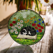 Cat and Book Glass Suncatcher Gift for Cat Mom and Book Lover | Tuxedo Cat Garden Window Art Mother's Day Gift for Readers