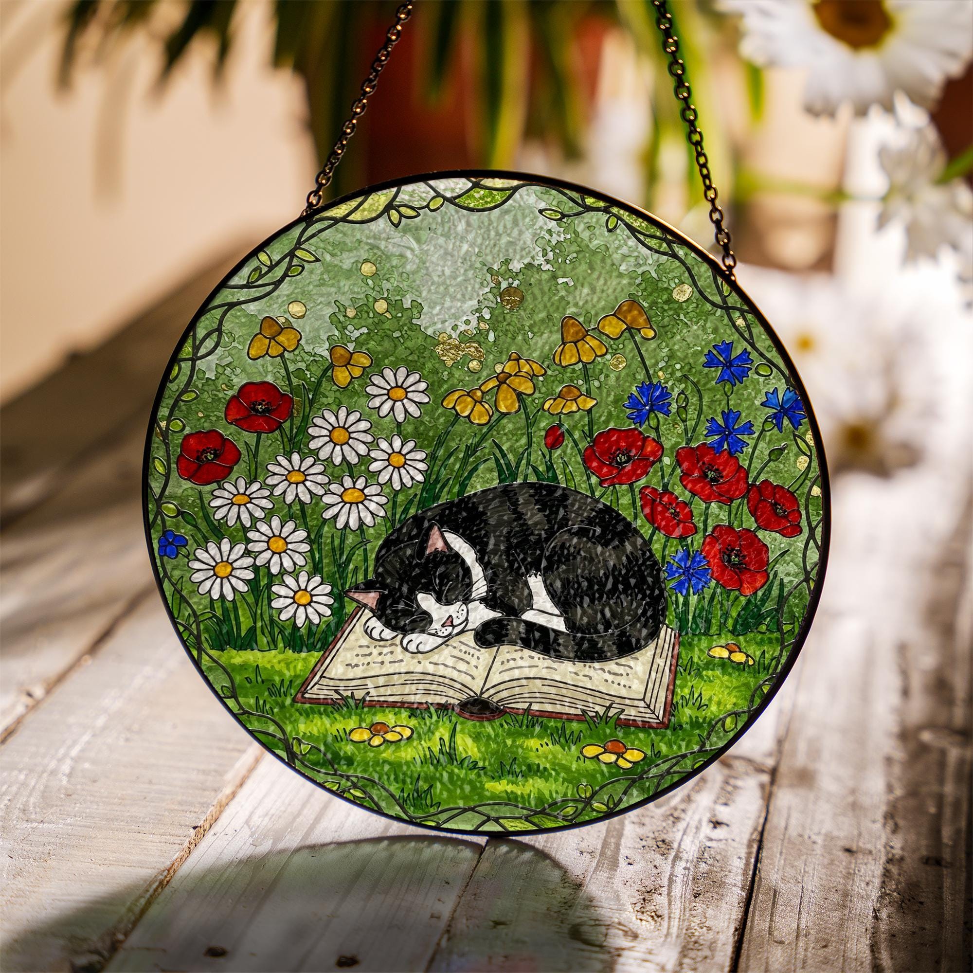 Cat and Book Glass Suncatcher Gift for Cat Mom and Book Lover | Tuxedo Cat Garden Window Art Mother's Day Gift for Readers
