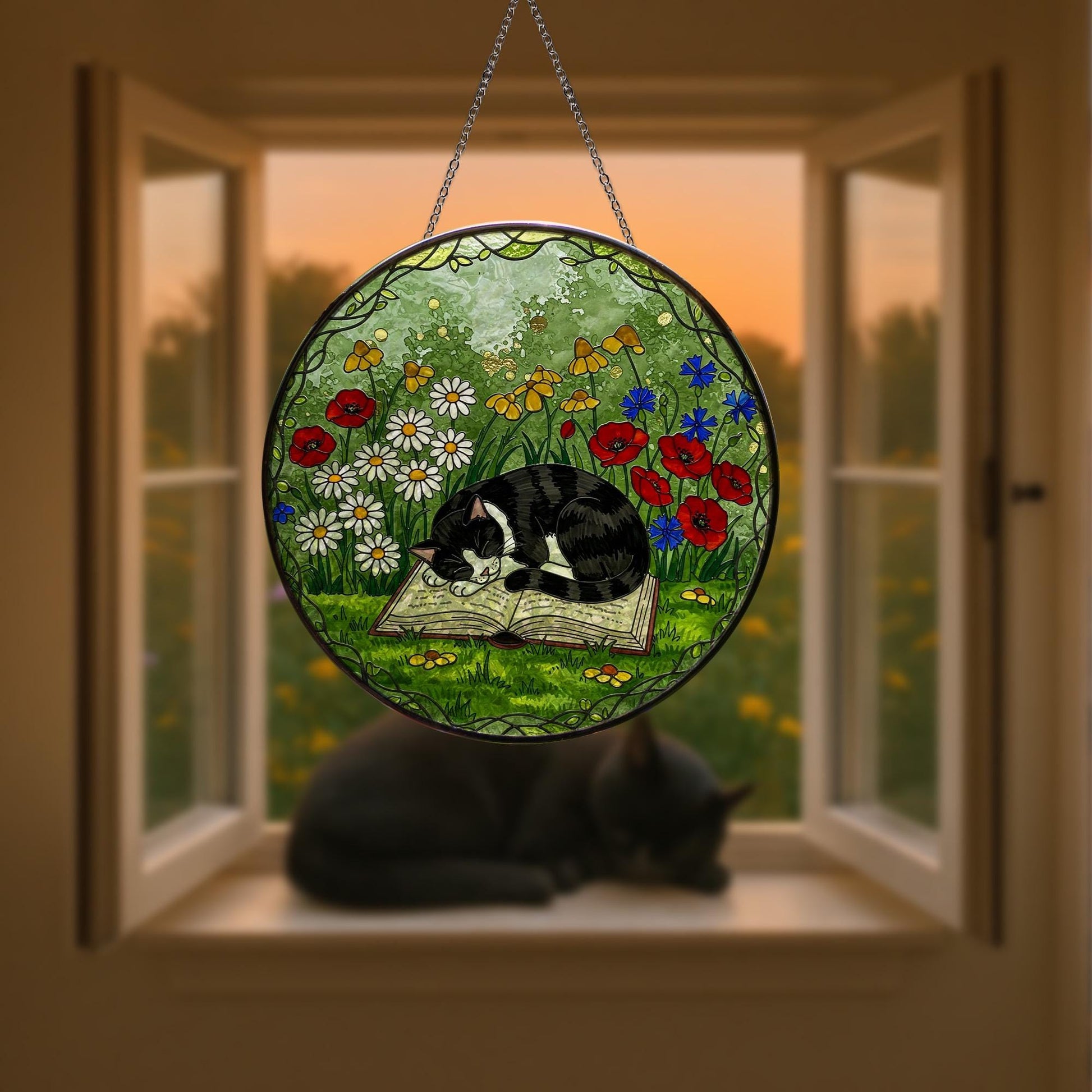 Cat and Book Glass Suncatcher Gift for Cat Mom and Book Lover | Tuxedo Cat Garden Window Art Mother's Day Gift for Readers