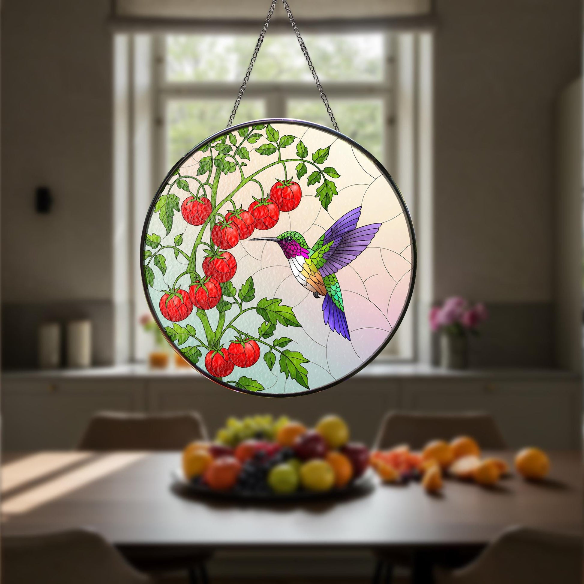 Hummingbird Glass Suncatcher, Tomato Tree Branch Decor, Garden Gift for Mom, Mother's Day Sun Catcher, Handcrafted Window Art