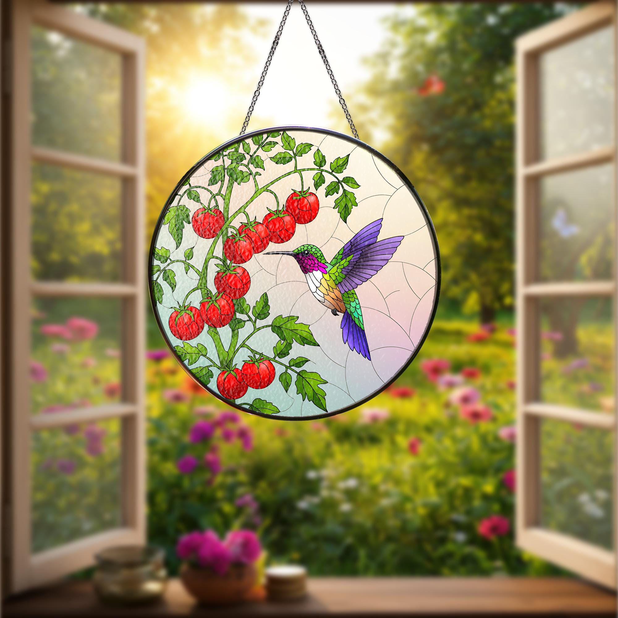 Hummingbird Glass Suncatcher, Tomato Tree Branch Decor, Garden Gift for Mom, Mother's Day Sun Catcher, Handcrafted Window Art