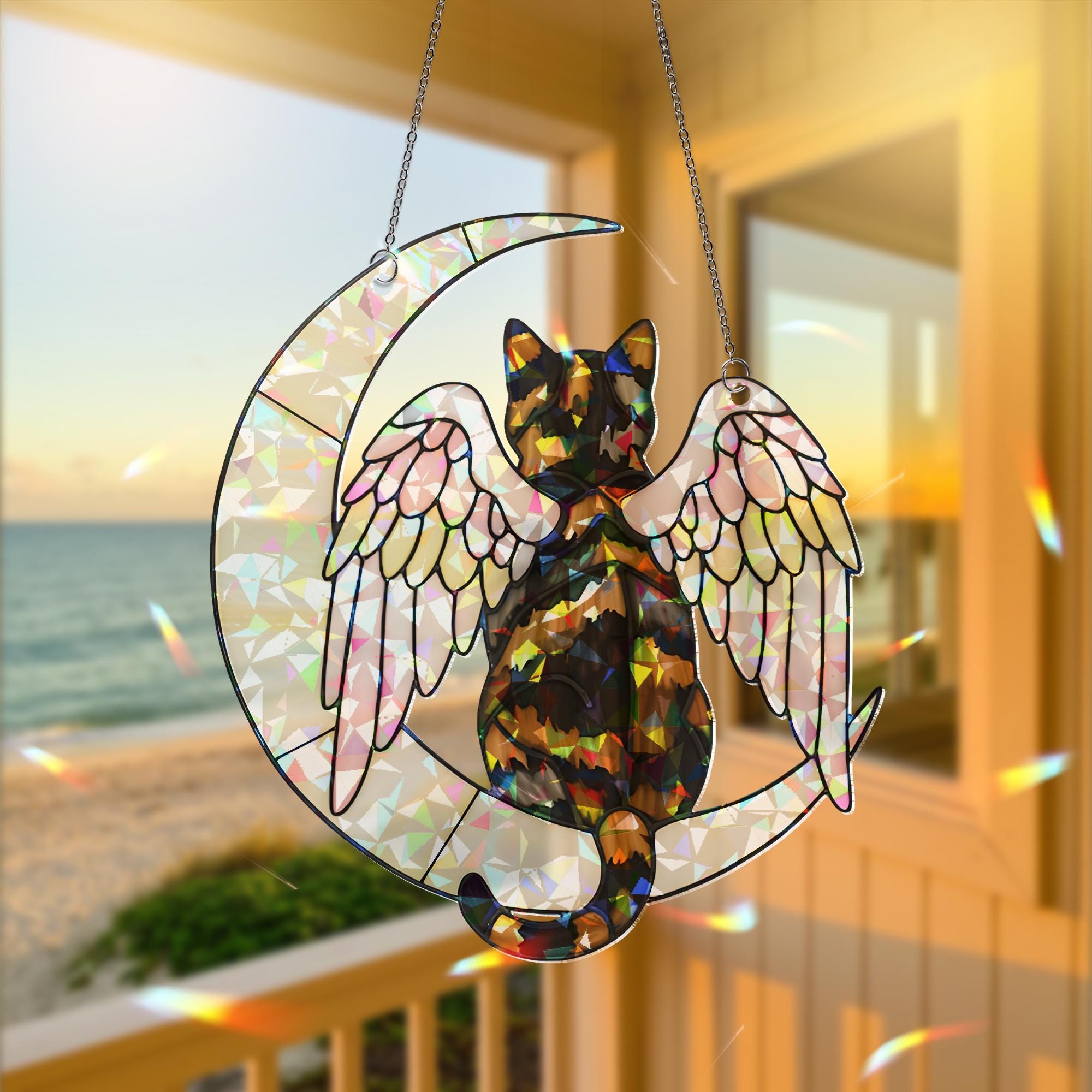 Angel Tortoiseshell Cat on Crescent Moon, Acrylic Hologram Window Hanging,  Cat Memorial, Cat Mom Gift, Pet Loss Decor, Unique Window Art