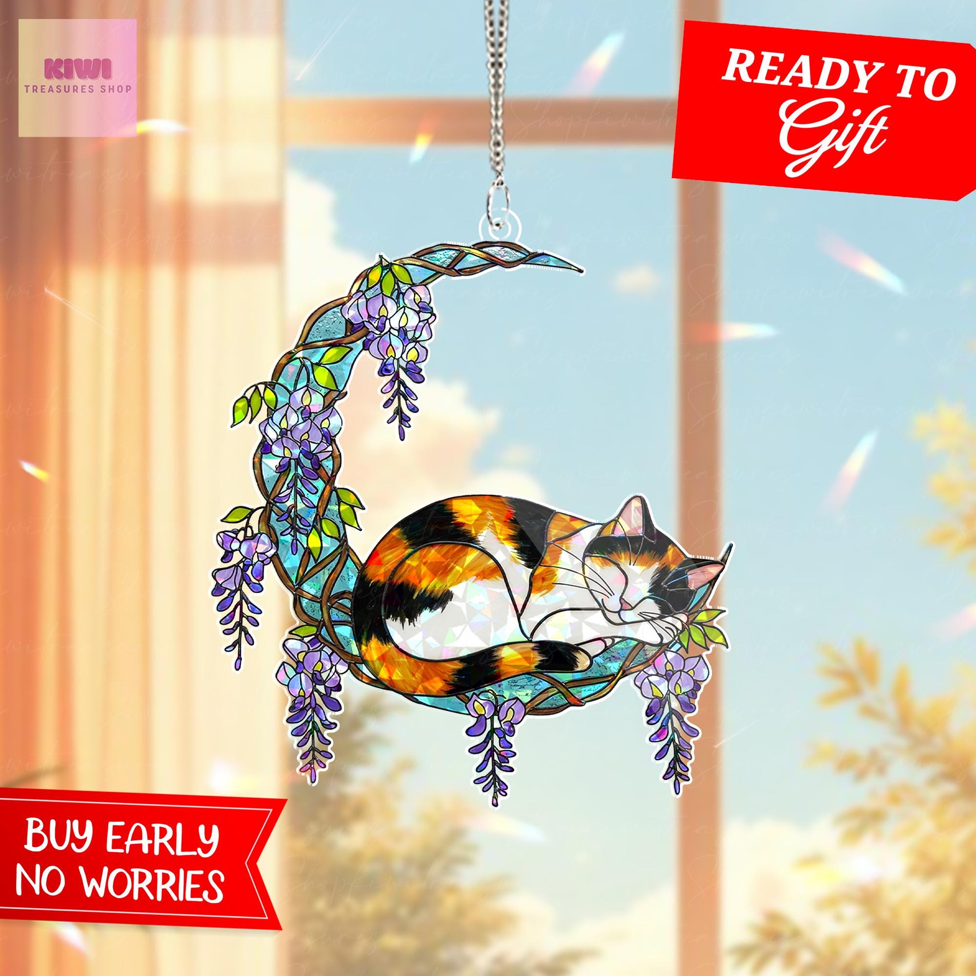 Calico Cat Wisteria Moon Holographic Suncatcher Gift for Mom, Cat Lover Mother's Day Window Decor, Floral Rainbow Light Catcher