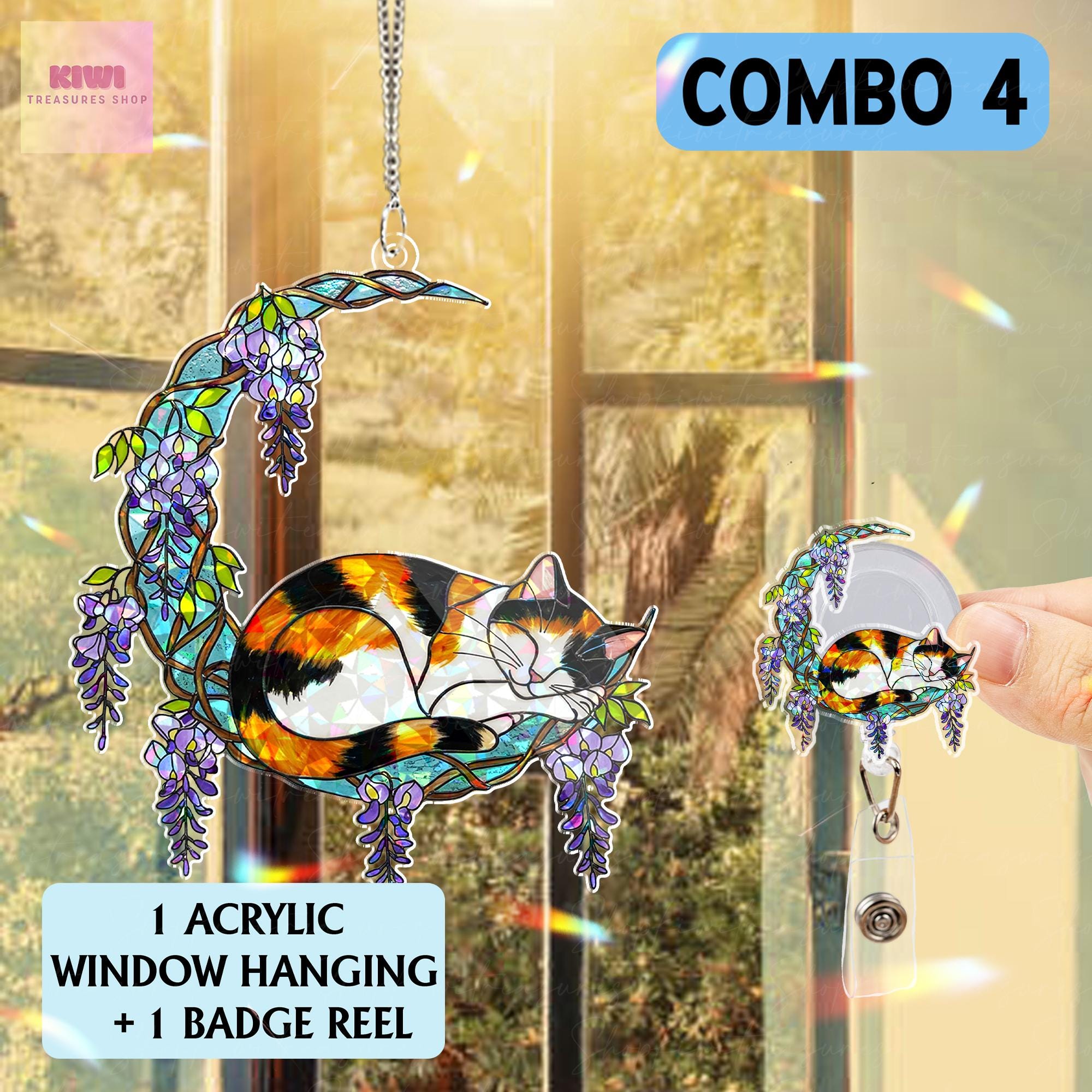 Calico Cat Wisteria Moon Holographic Suncatcher Gift for Mom, Cat Lover Mother's Day Window Decor, Floral Rainbow Light Catcher