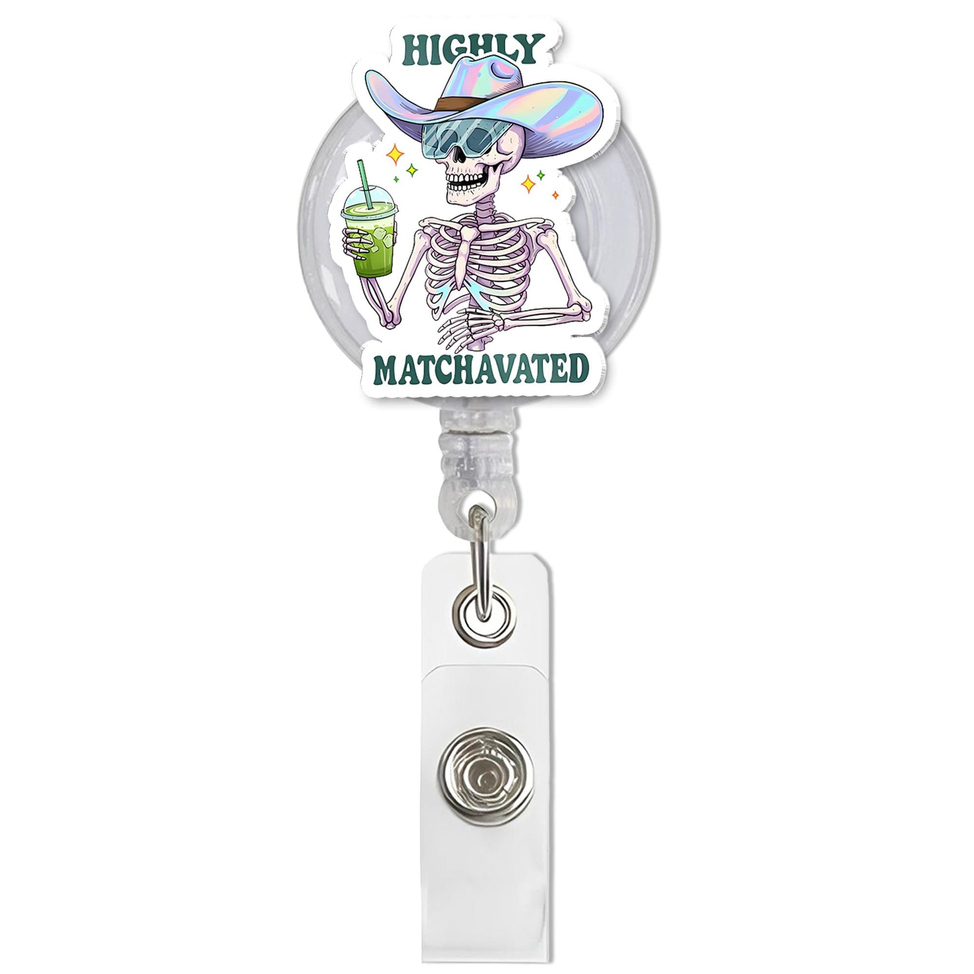 Highly Matchavated Badge Reel, Funny Skeleton ID Holder, Matcha Nurse Badge, Holographic Hat Clip, Cute Office Gift, Funny Matcha Lover Gift