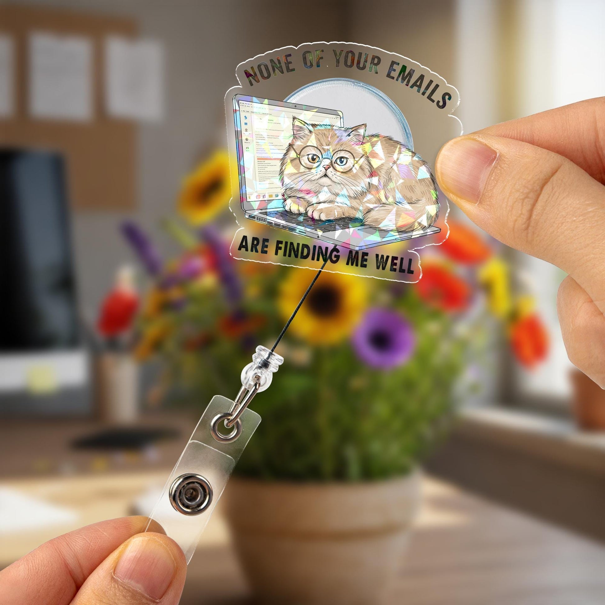 Holographic Funny Cat Badge Reel, "None of Your Emails Finding Me Well" Sarcastic Office Humor, Retractable ID Holder for Nurse,Teacher Gift