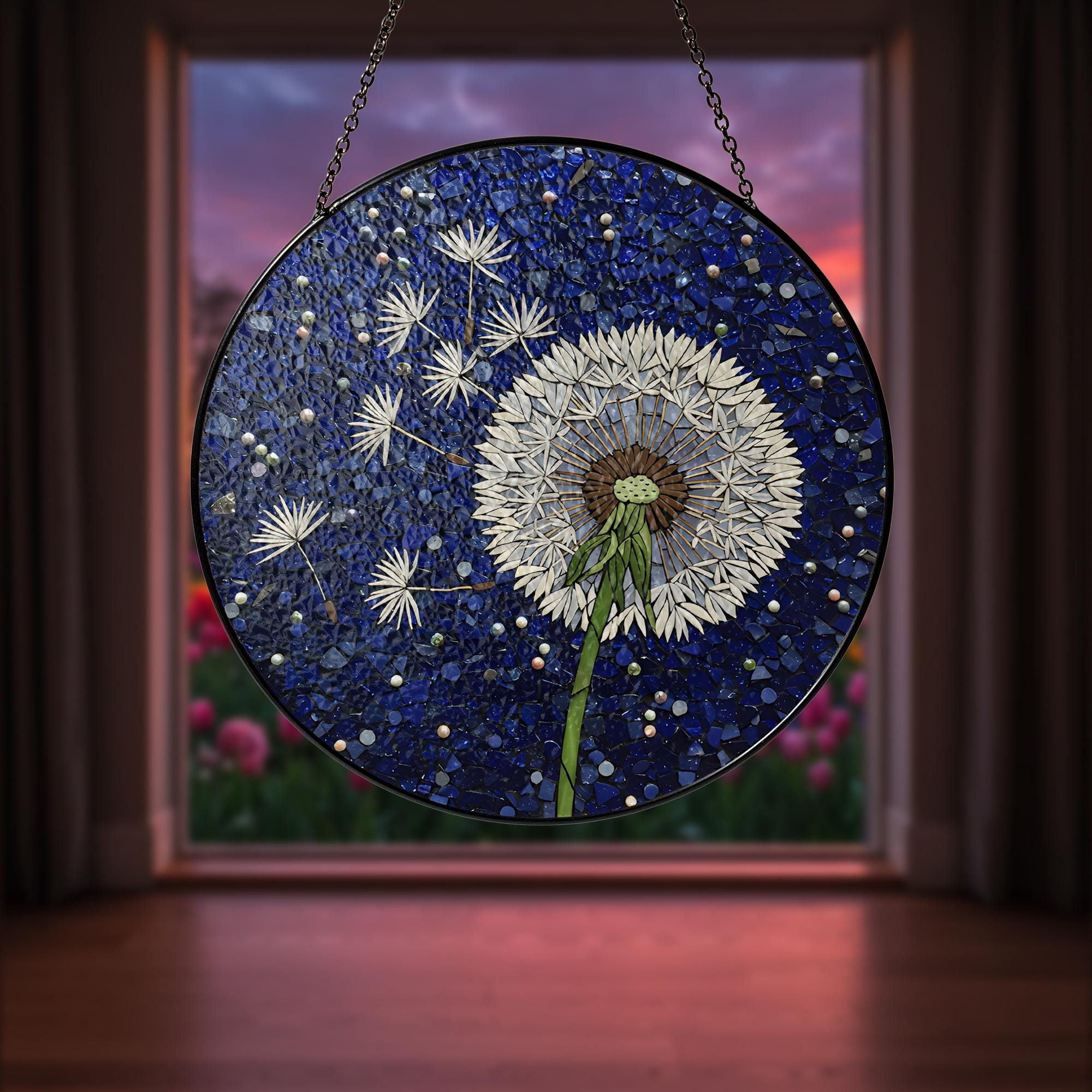 Dandelion Glass Suncatcher, Blue Mosaic Window Hanging, Nature Art Panel, Gift for Mom, Wish Flower Decor, Garden Lover Gift, Mom Gift