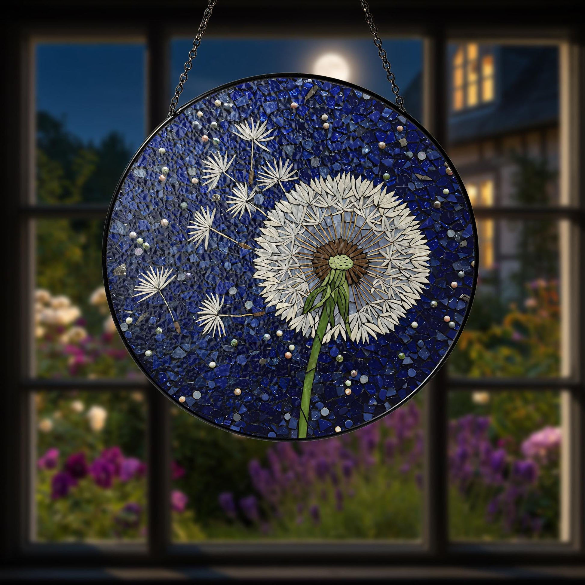 Dandelion Glass Suncatcher, Blue Mosaic Window Hanging, Nature Art Panel, Gift for Mom, Wish Flower Decor, Garden Lover Gift, Mom Gift