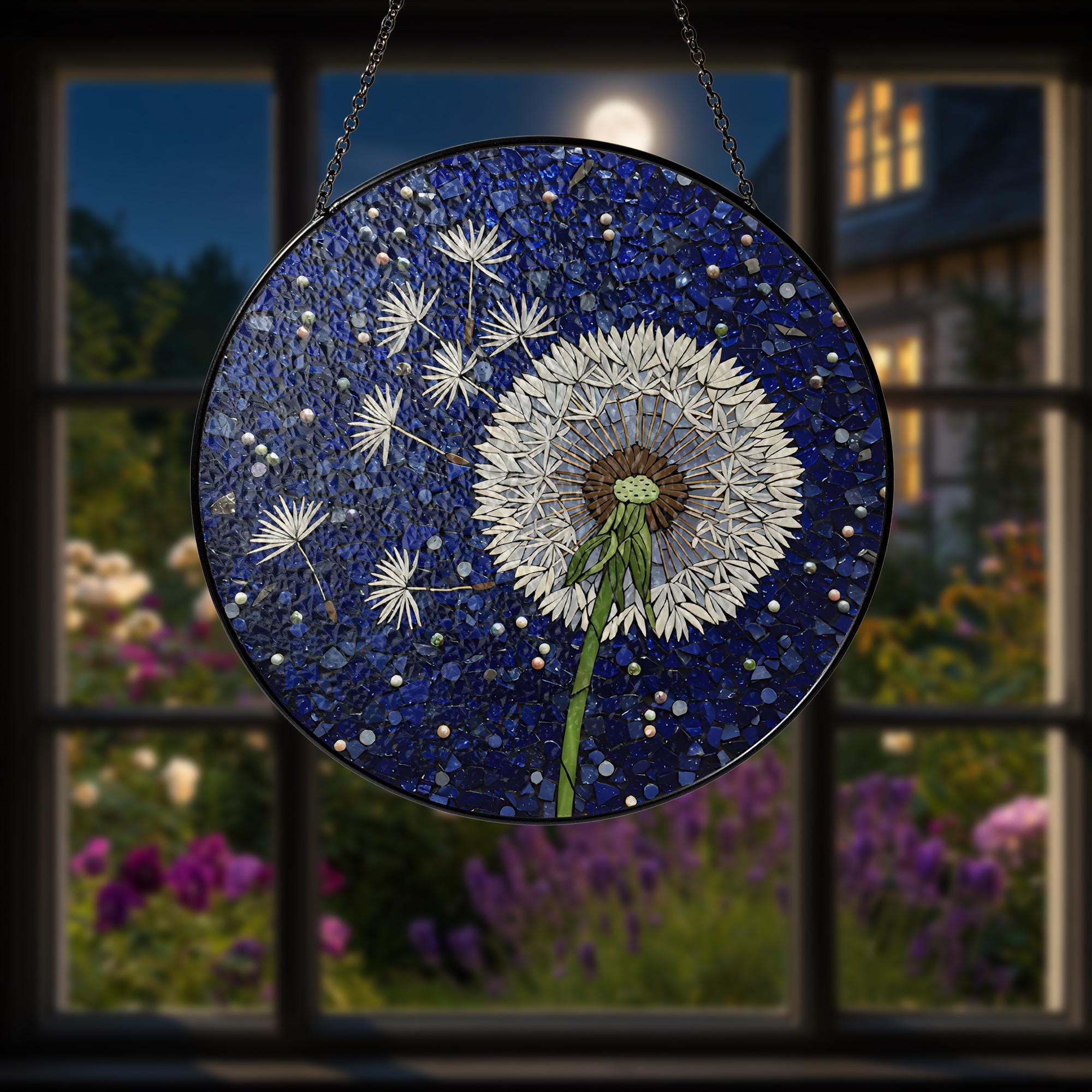 Dandelion Glass Suncatcher, Blue Mosaic Window Hanging, Nature Art Panel, Gift for Mom, Wish Flower Decor, Garden Lover Gift, Mom Gift