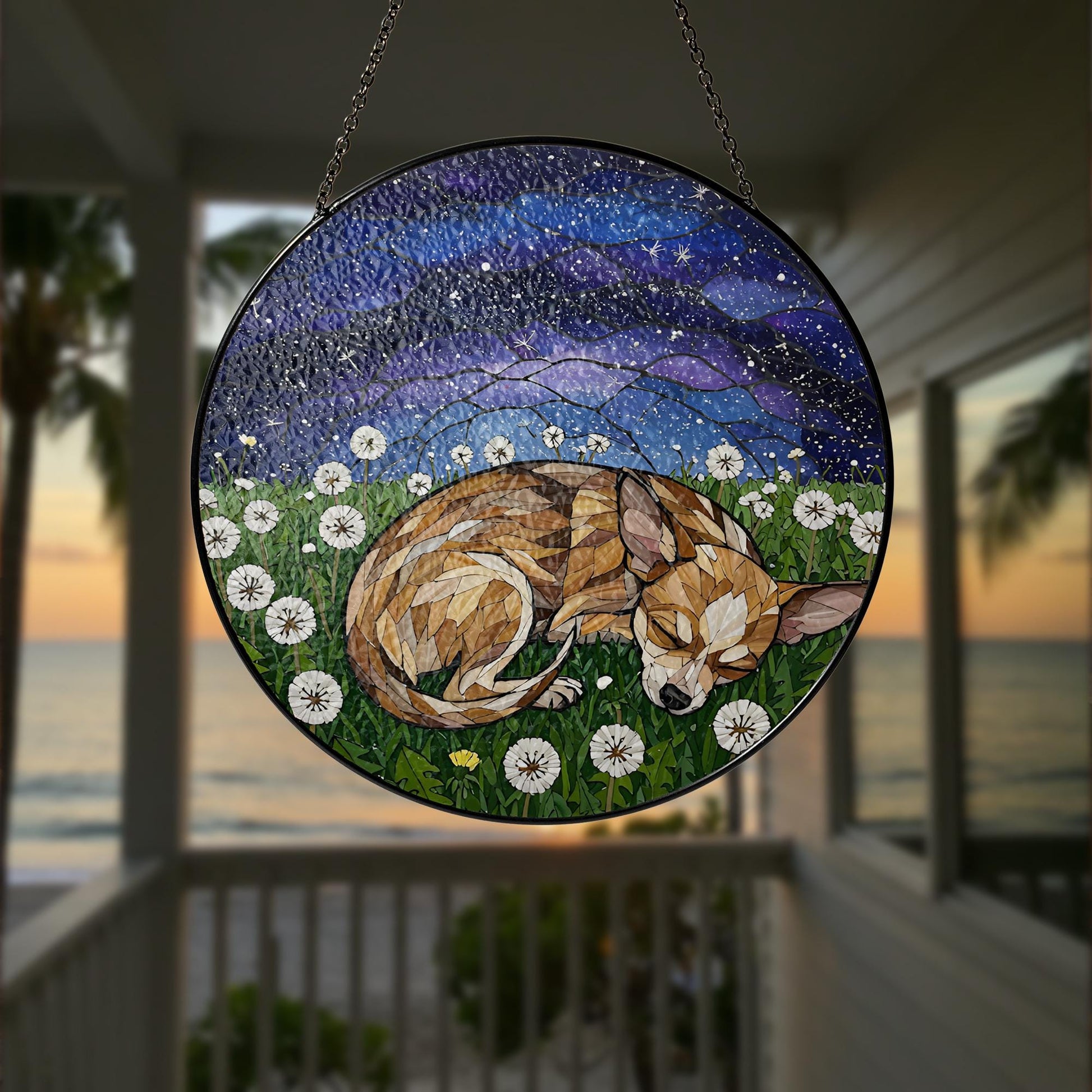 Chihuahua Glass Suncatcher, Sleeping Dog Window Art, Dandelion Flower Panel, Pet Memorial Gift, Small Dog Decor, Chihuahua Lover Gift