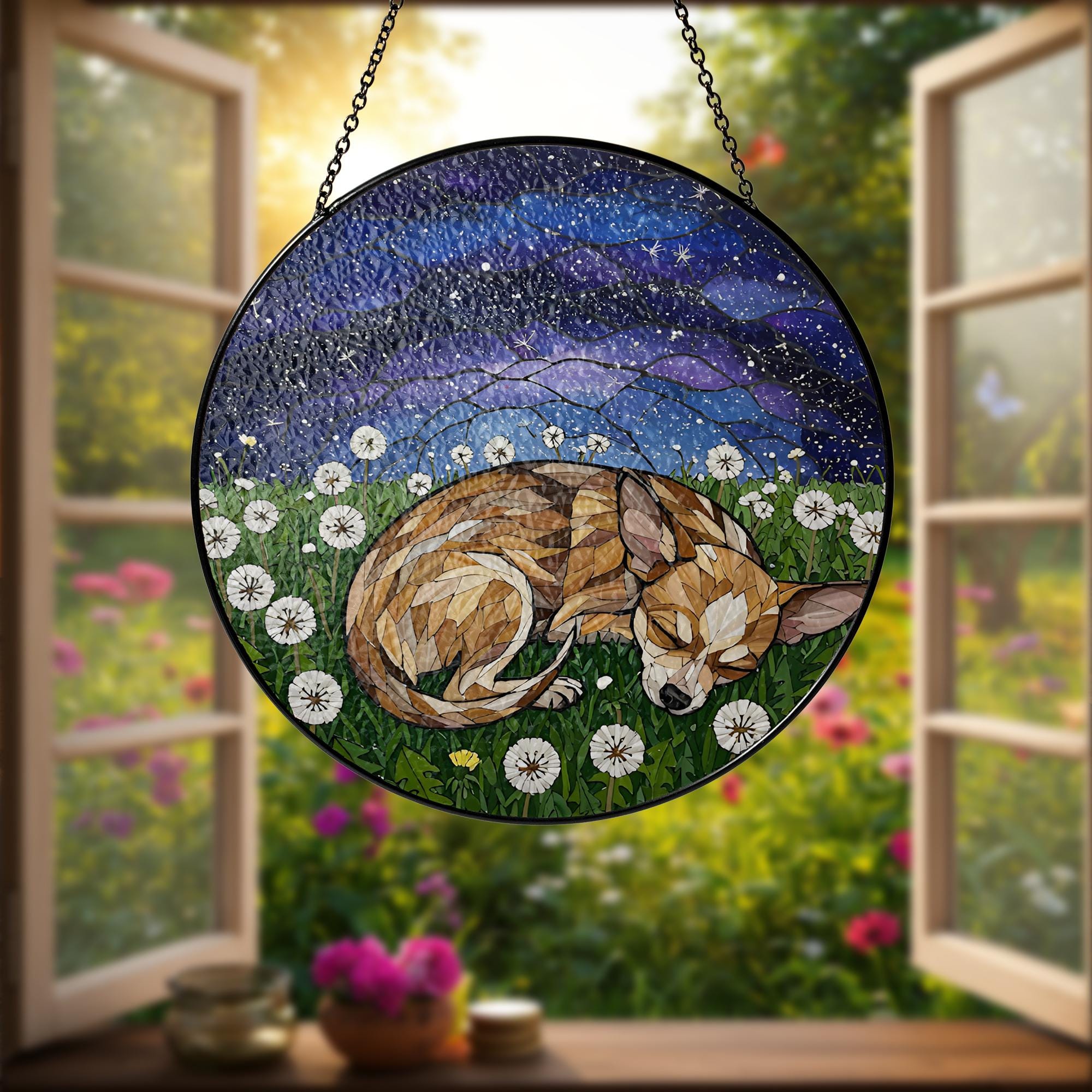 Chihuahua Glass Suncatcher, Sleeping Dog Window Art, Dandelion Flower Panel, Pet Memorial Gift, Small Dog Decor, Chihuahua Lover Gift