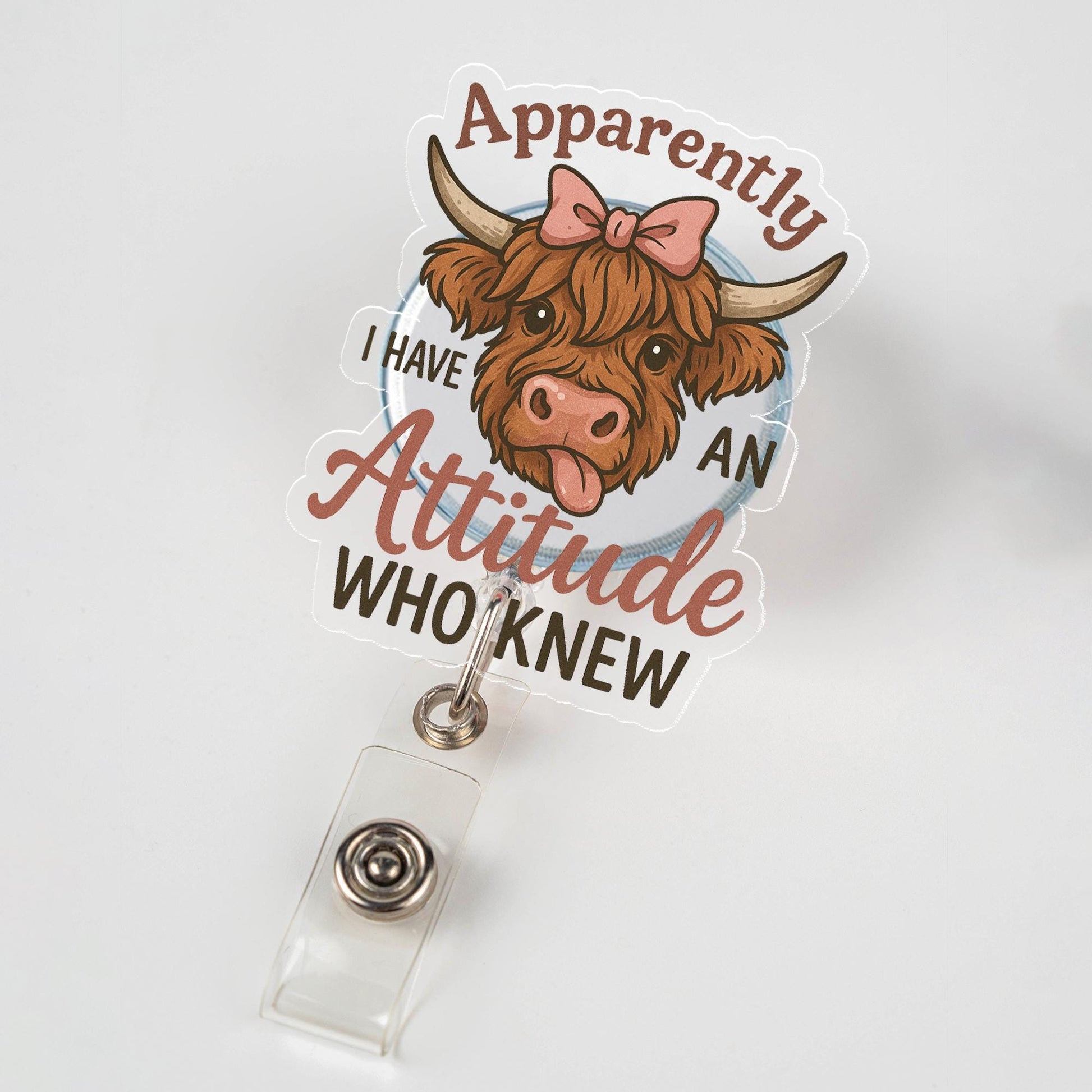 Funny Highland Cow Badge Reel, Sarcastic Nurse ID Holder, "Apparently I Have an Attitude" Retractable Badge Clip,Nurse, Teacher, Office Gift