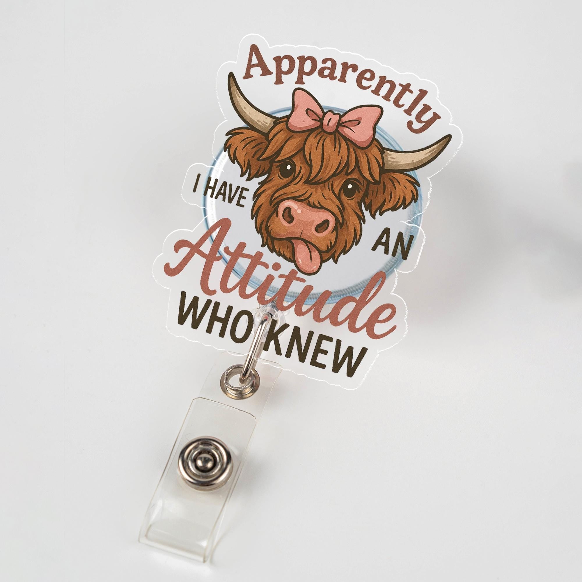 Funny Highland Cow Badge Reel, Sarcastic Nurse ID Holder, "Apparently I Have an Attitude" Retractable Badge Clip,Nurse, Teacher, Office Gift