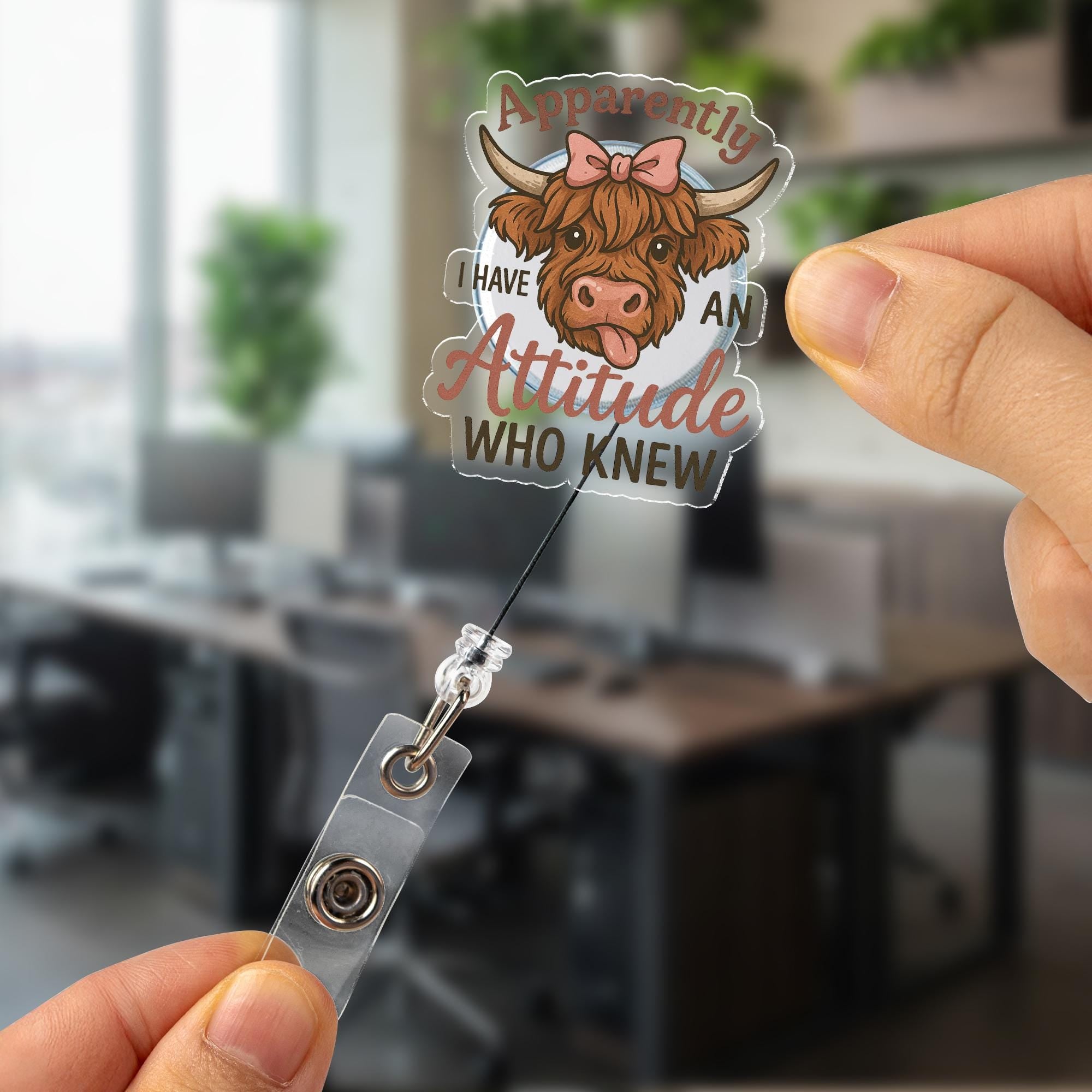 Funny Highland Cow Badge Reel, Sarcastic Nurse ID Holder, "Apparently I Have an Attitude" Retractable Badge Clip,Nurse, Teacher, Office Gift