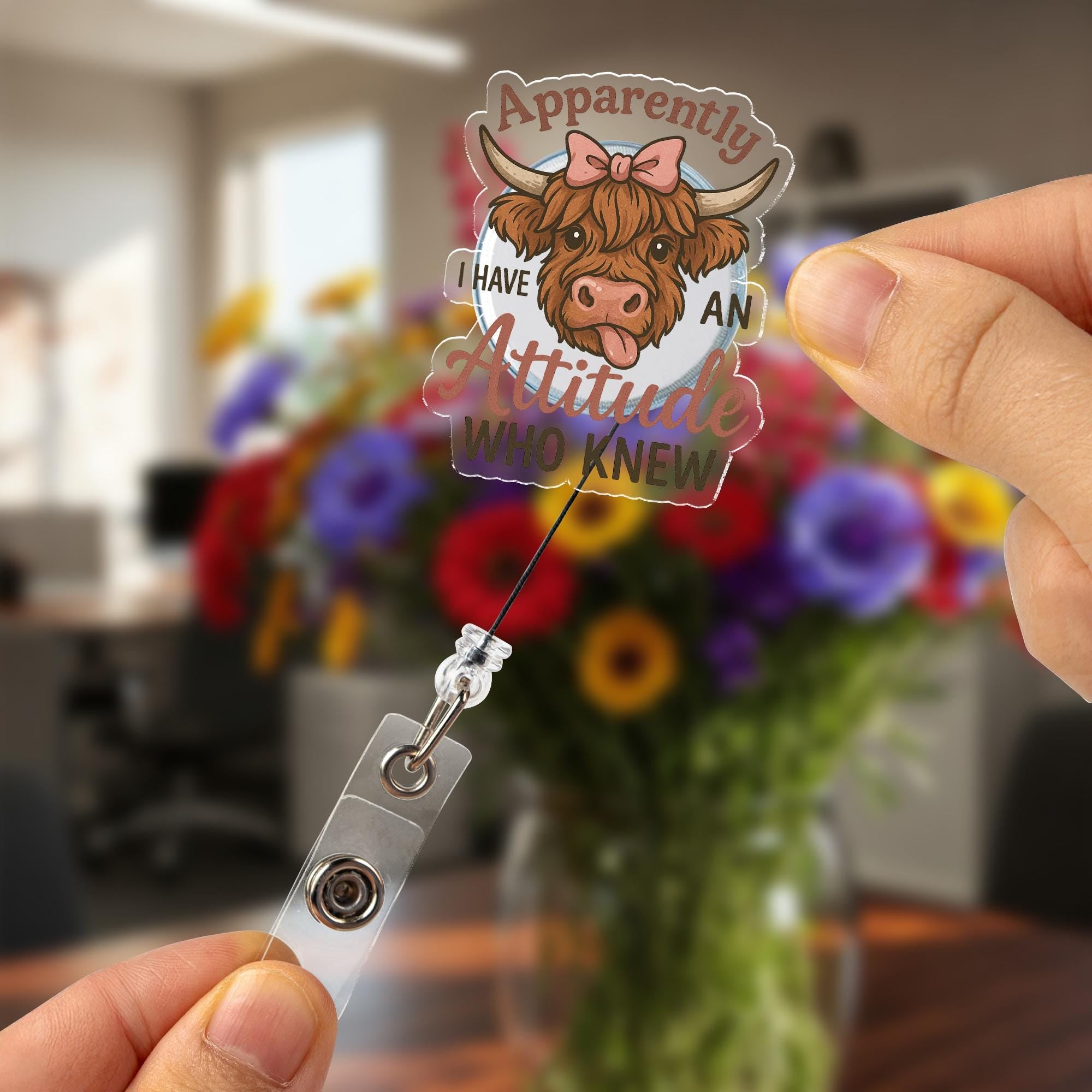 Funny Highland Cow Badge Reel, Sarcastic Nurse ID Holder, "Apparently I Have an Attitude" Retractable Badge Clip,Nurse, Teacher, Office Gift