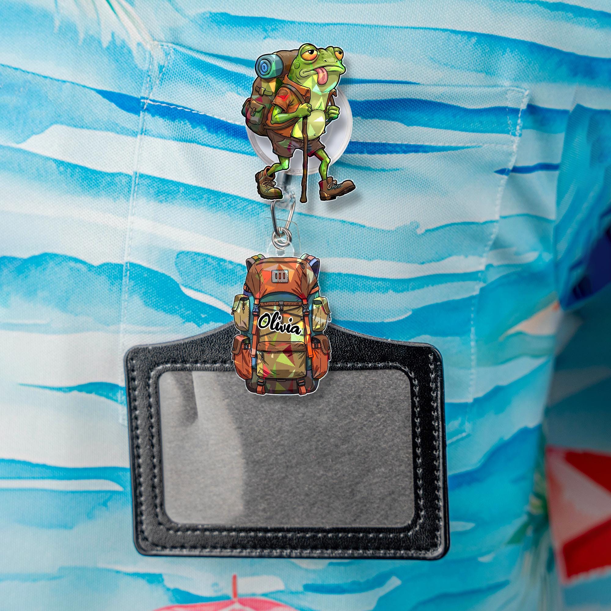 Funny Hiking Frog Badge Reel – Custom ID Holder for Nurses, Office Staff, Teachers – Retractable Work Badge Clip, Frog Trekking Lovers Gift