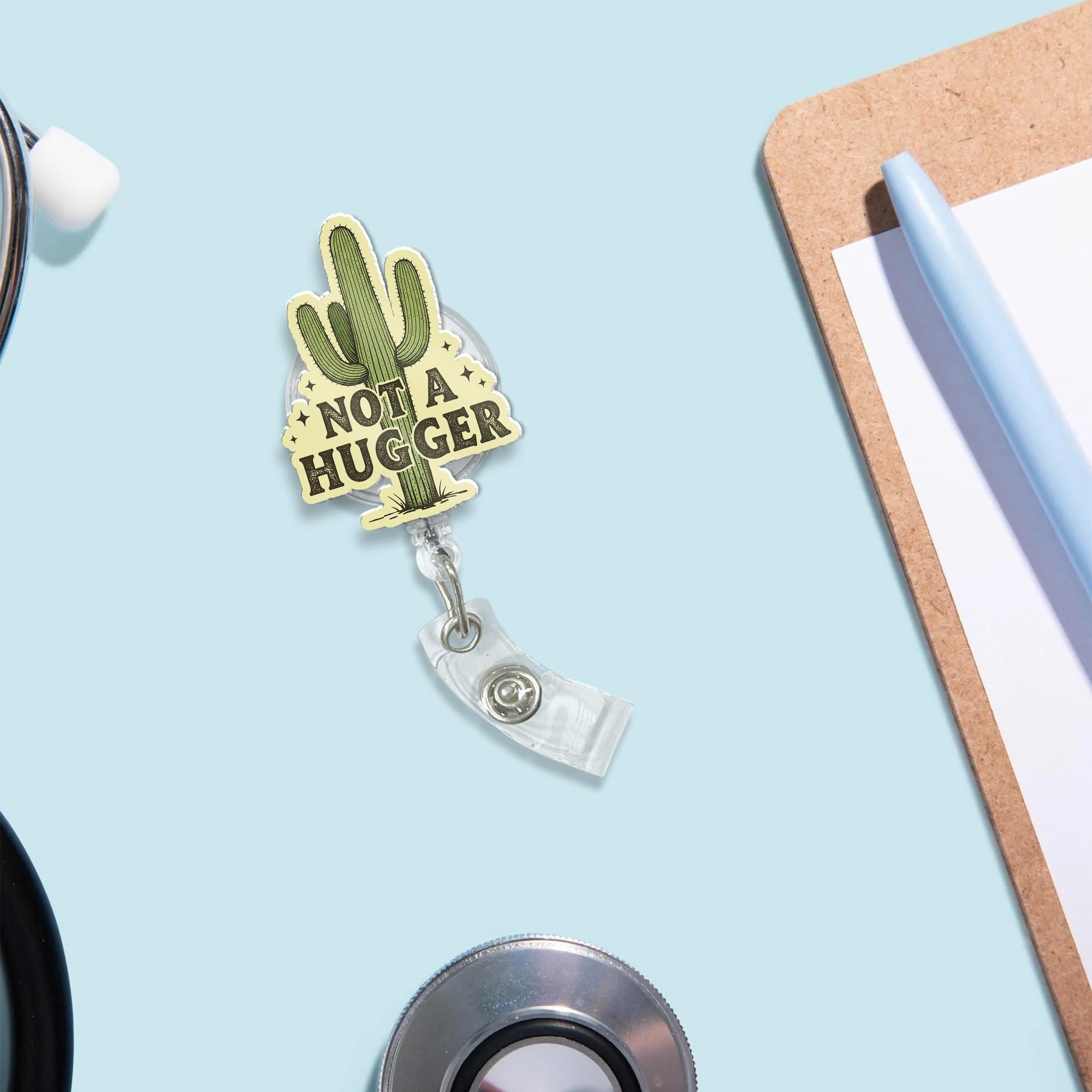 Funny Not A Hugger Cactus Badge Reel, Retractable ID Holder, Sarcastic Nurse Gift, Cute Succulent Introvert Badge Clip for Teacher Office