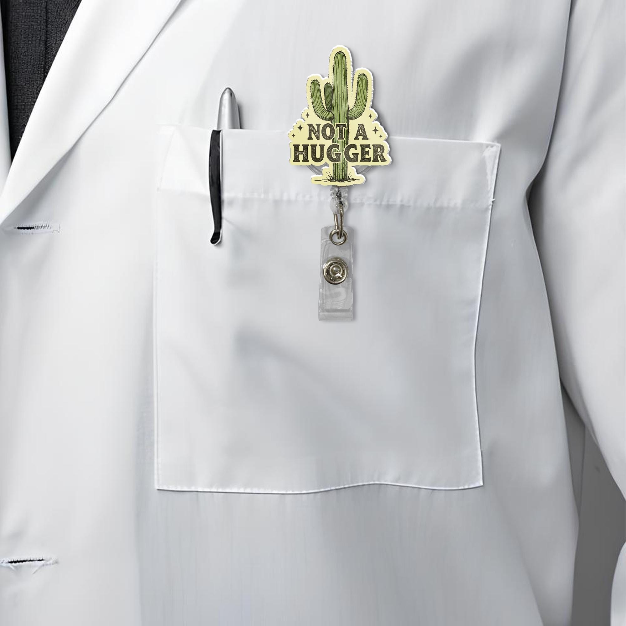 Funny Not A Hugger Cactus Badge Reel, Retractable ID Holder, Sarcastic Nurse Gift, Cute Succulent Introvert Badge Clip for Teacher Office