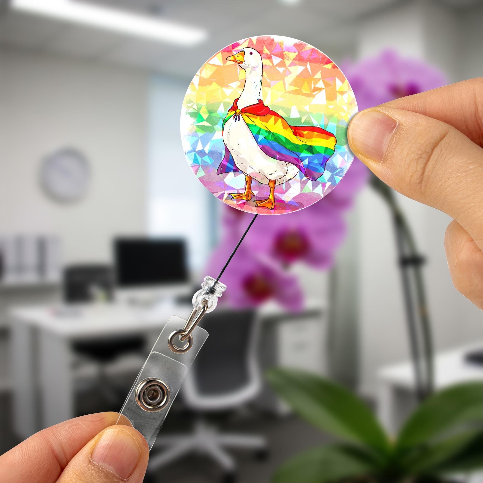 Pride Goose Badge Reel – Funny LGBTQ+ ID Holder – Rainbow Goose Clip for Nurses, Teachers, Workers – Retractable Badge with Sass