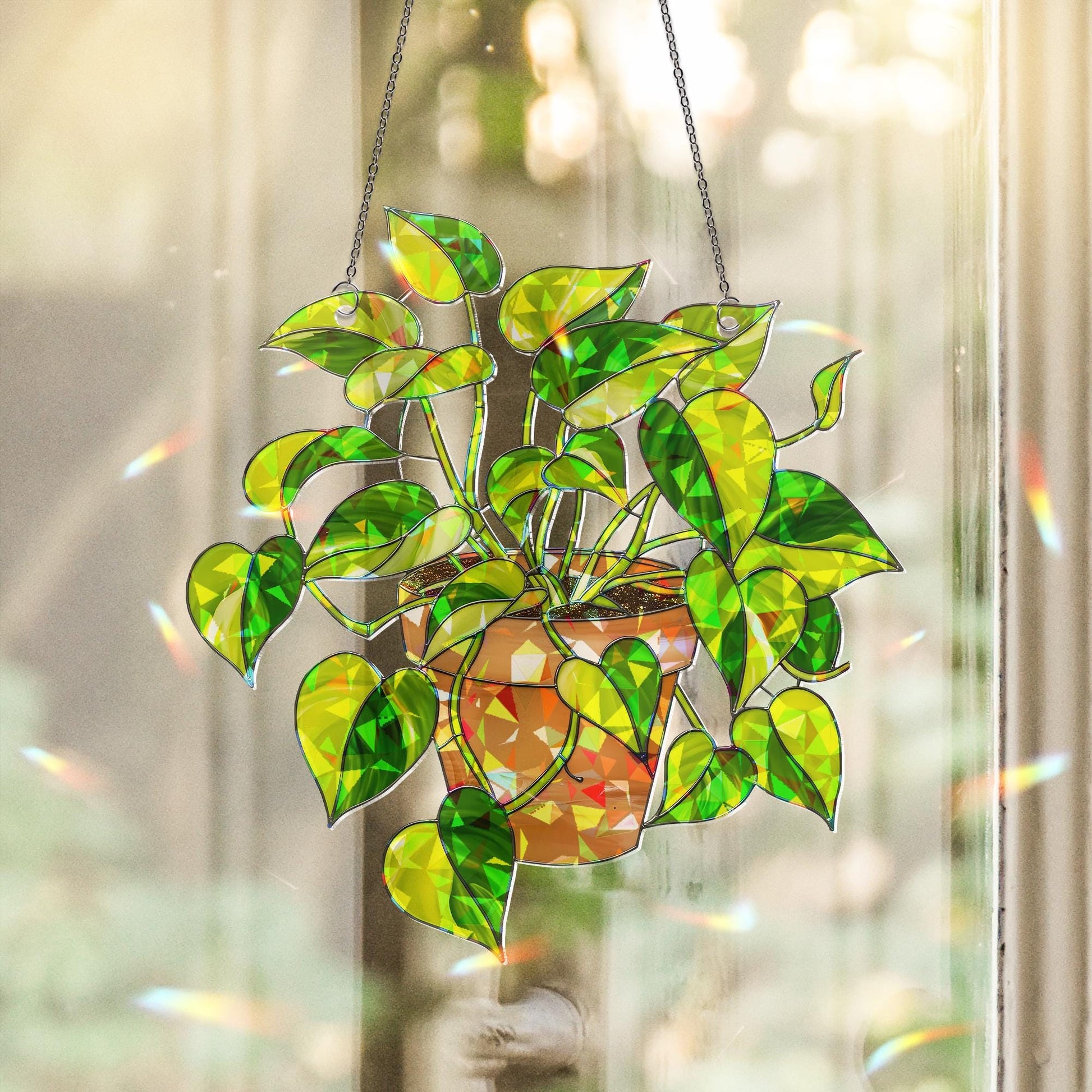 Epipremnum Aureum Holographic Suncatcher Gift for Mom, Golden Pothos Plant Lover Window Decor for Mother's Day, Indoor Jungle Boho Gift