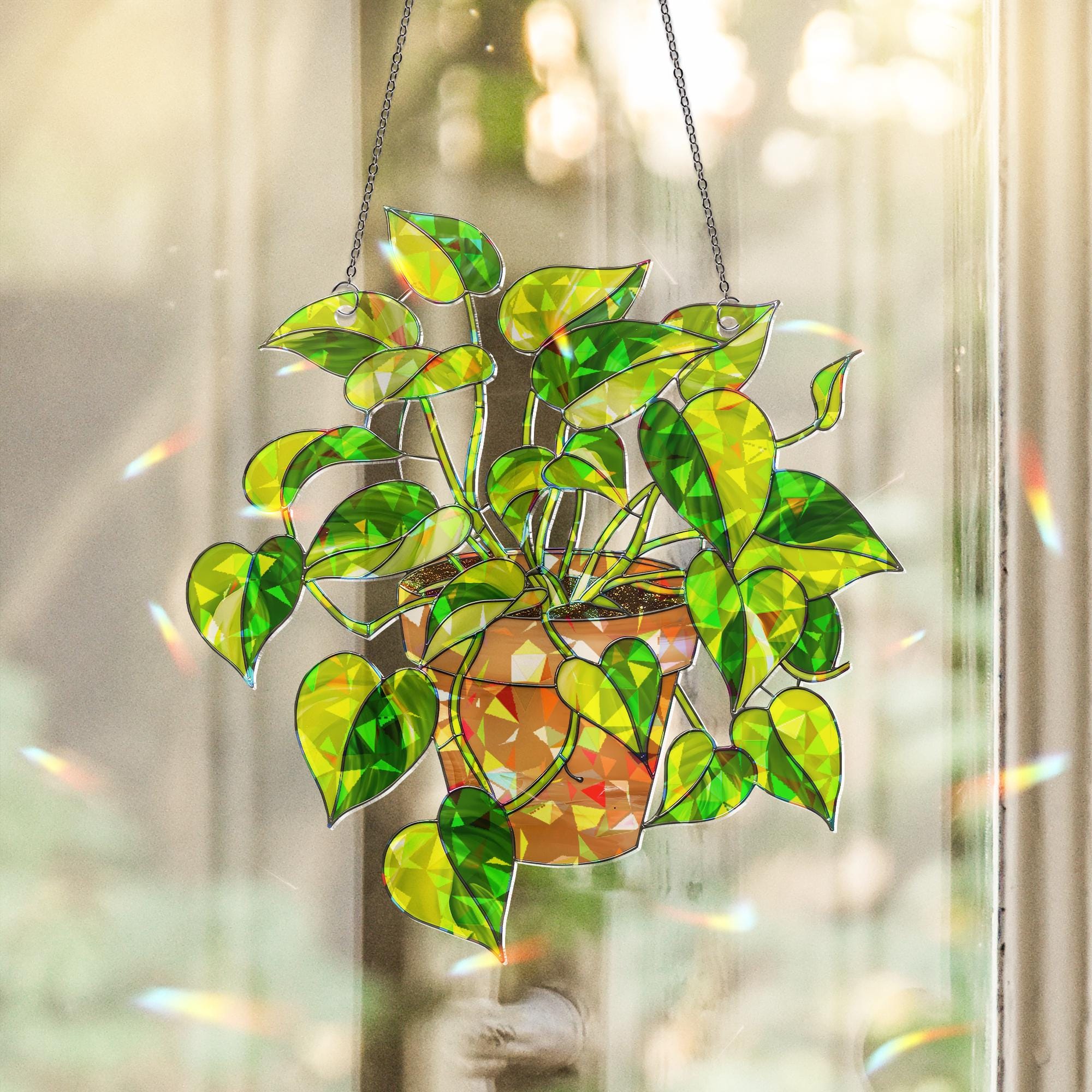 Epipremnum Aureum Holographic Suncatcher Gift for Mom, Golden Pothos Plant Lover Window Decor for Mother's Day, Indoor Jungle Boho Gift