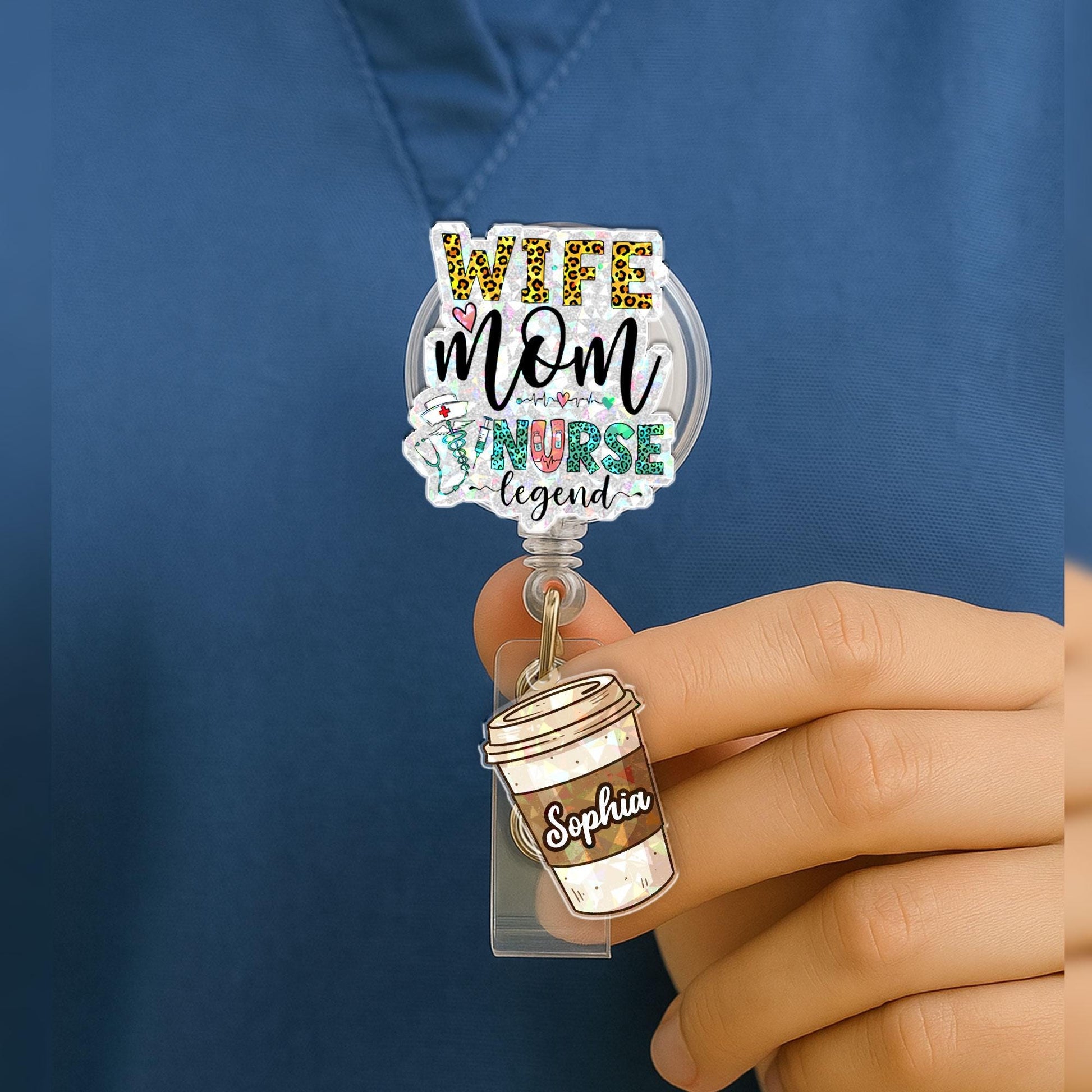 Custom Wife Mom Nurse Legend Badge Reel – Personalized ID Holder for Nurses – Coffee Cup Daisy Name Tag Clip – Mother’s Day Gift, Nurse Moms