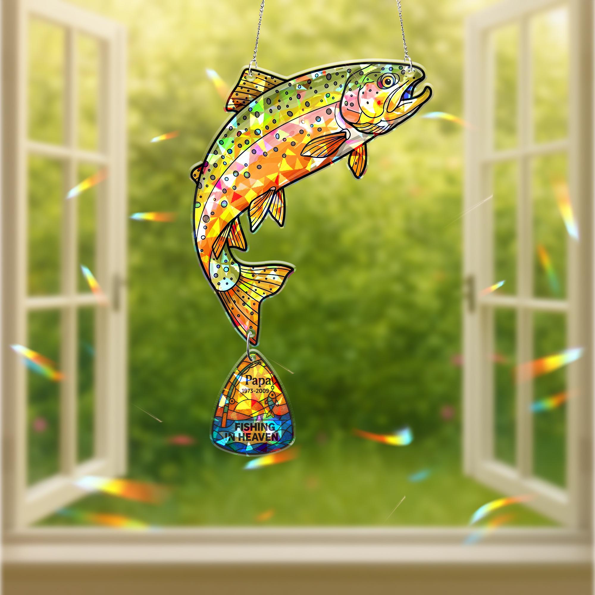Custom Memorial Fishing Holographic Acrylic Suncatcher for Grandpa – Rainbow Trout Heaven Tribute Gift, Personalized Father’s Day