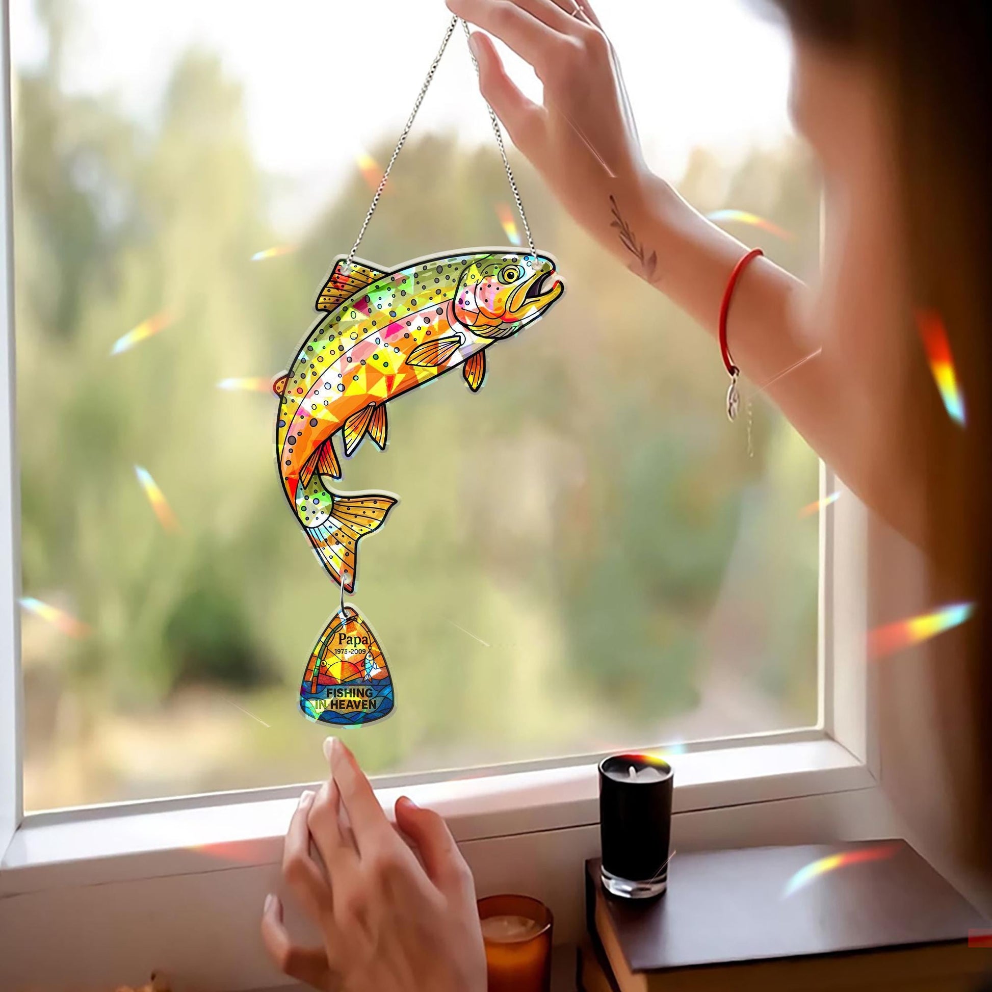 Custom Memorial Fishing Holographic Acrylic Suncatcher for Grandpa – Rainbow Trout Heaven Tribute Gift, Personalized Father’s Day