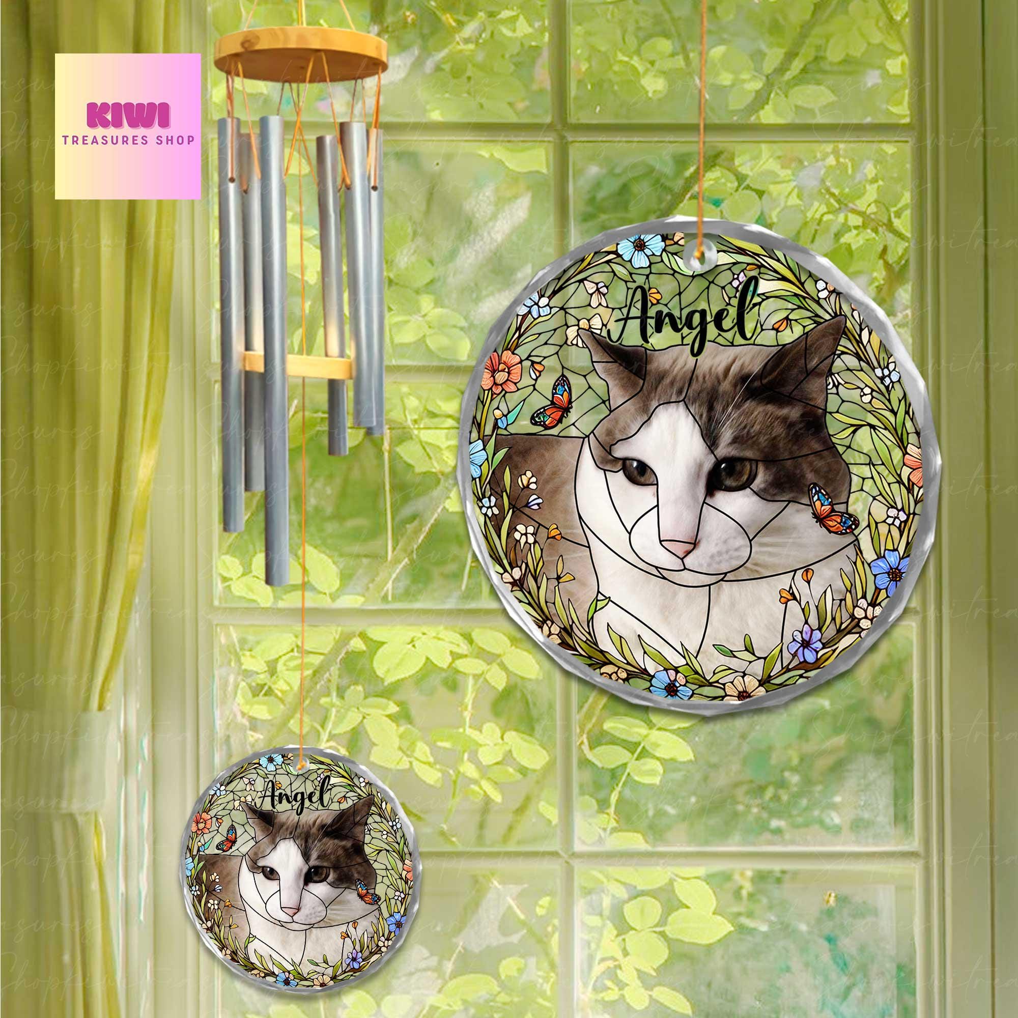 Pet Photo Windchime Gift for Mom, Memorial Cat Dog Wind Chime with Picture glass ornament, Personalized Mother's Day Garden Gift for Loss