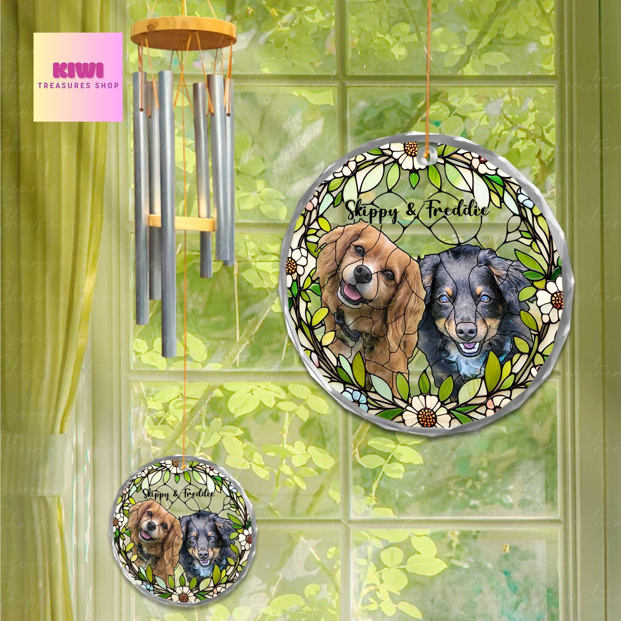 Dog Photo Windchime Gift for Mom, Memorial Cat Dog Wind Chime with Picture glass ornament, Personalized Mother's Day Garden Gift for Loss