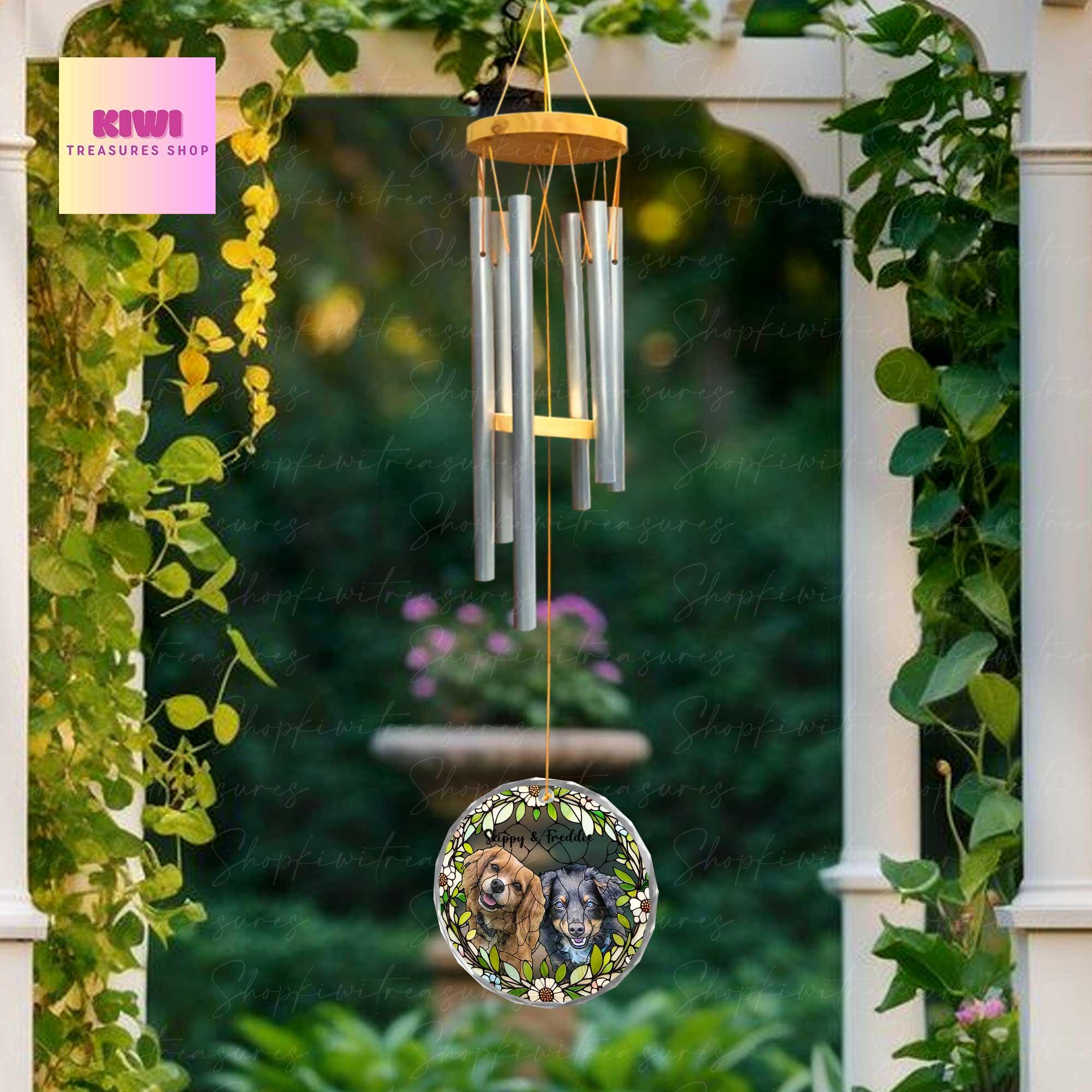 Dog Photo Windchime Gift for Mom, Memorial Cat Dog Wind Chime with Picture glass ornament, Personalized Mother's Day Garden Gift for Loss