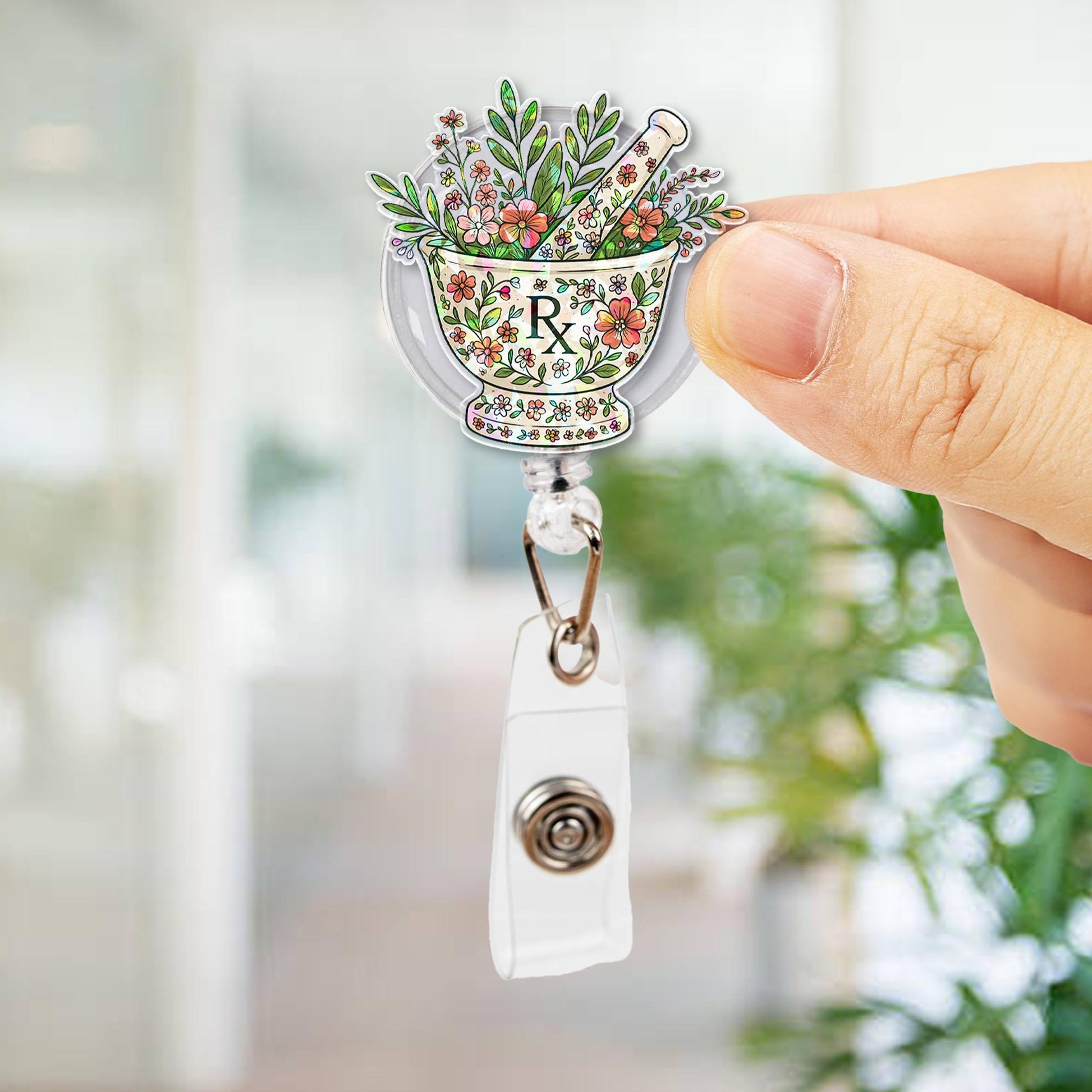 Floral RX Badge Reel | Pharmacist ID Holder | Cute Apothecary Clip | Medicine Dealer Gift | Floral Pill Tech Badge | Pharmacy Accessory