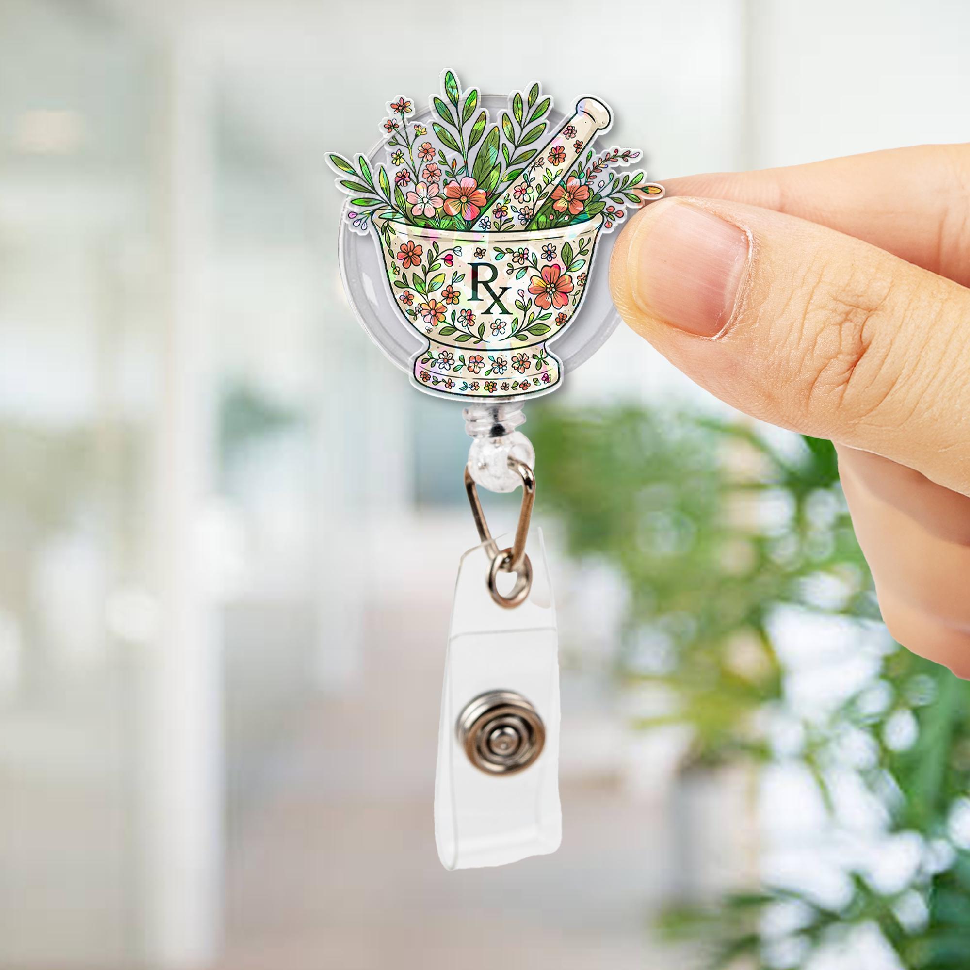 Floral RX Badge Reel | Pharmacist ID Holder | Cute Apothecary Clip | Medicine Dealer Gift | Floral Pill Tech Badge | Pharmacy Accessory
