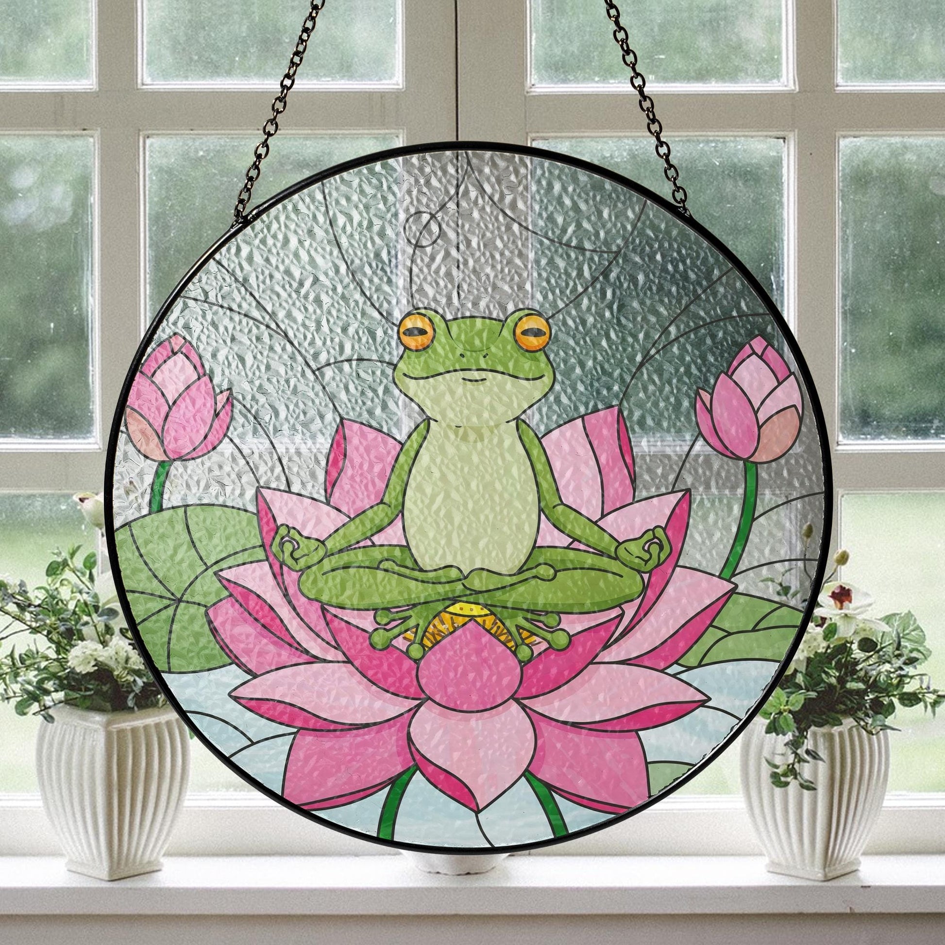 Frog Meditating Lotus Suncatcher | Stained Glass Window Decor | Zen Frog Gift | Mindful Frog Art | Mother's Day Garden Gift