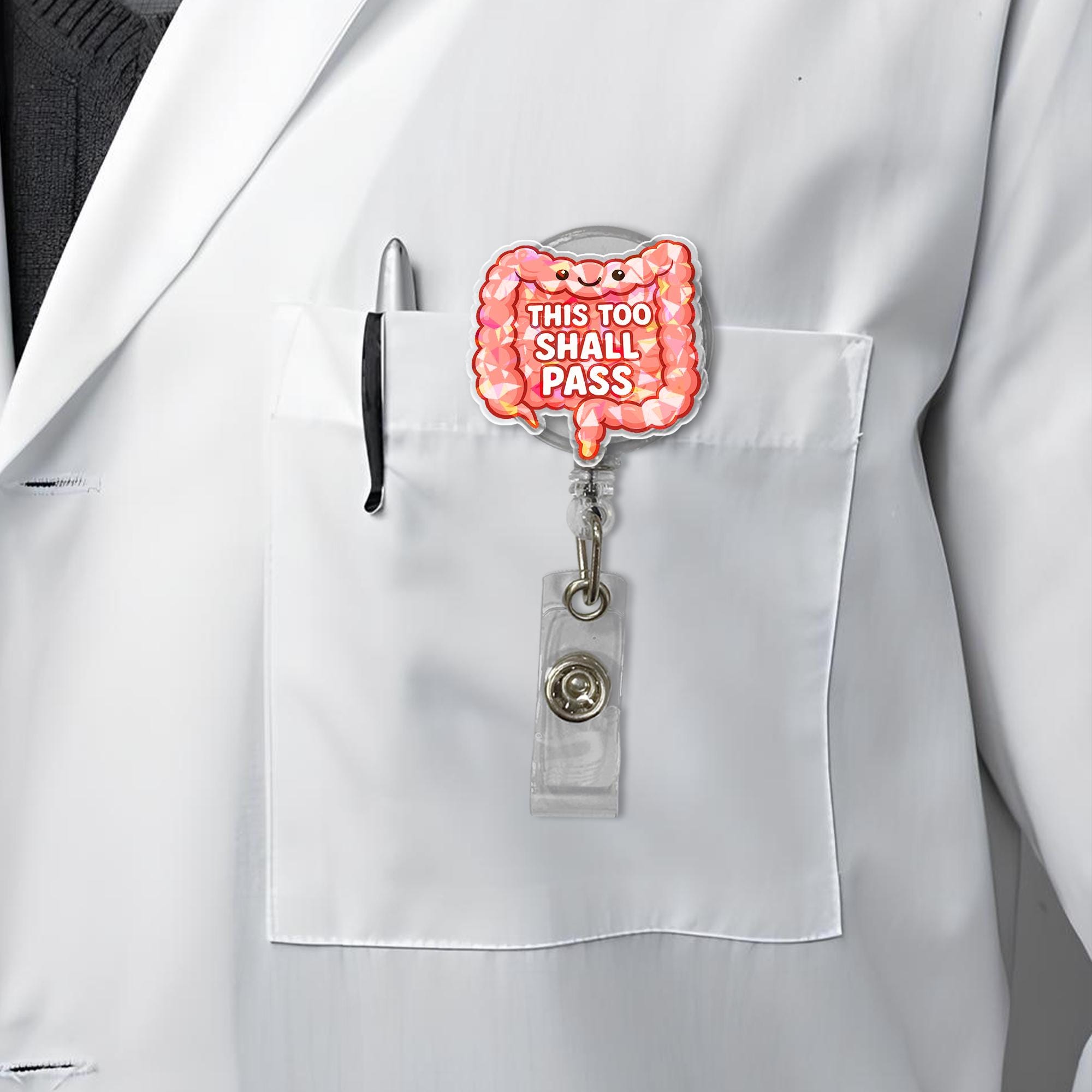 Funny Intestine Badge Reel | This Too Shall Pass | Holographic ID Holder | GI Nurse Gift | Colon Humor Clip | Medical Badge Accessory