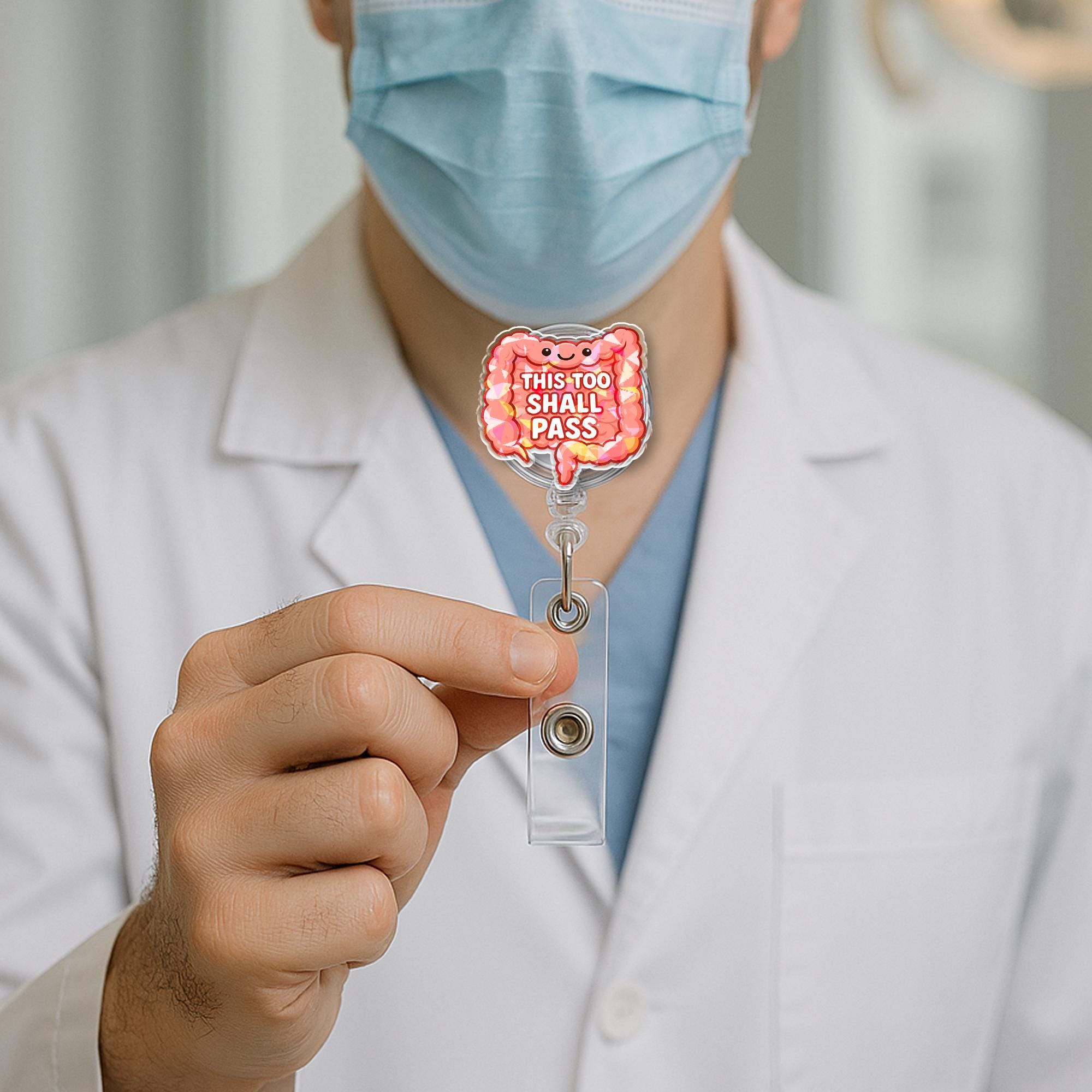 Funny Intestine Badge Reel | This Too Shall Pass | Holographic ID Holder | GI Nurse Gift | Colon Humor Clip | Medical Badge Accessory