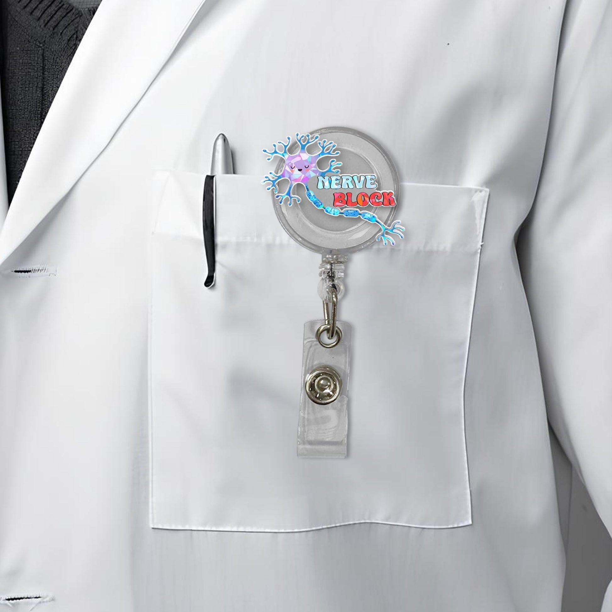 Nerve Block Badge Reel | Funny Holographic ID Holder | Anesthesiology Gift | Neuro Pun Badge | Medical Staff Clip | OR Nurse Reel