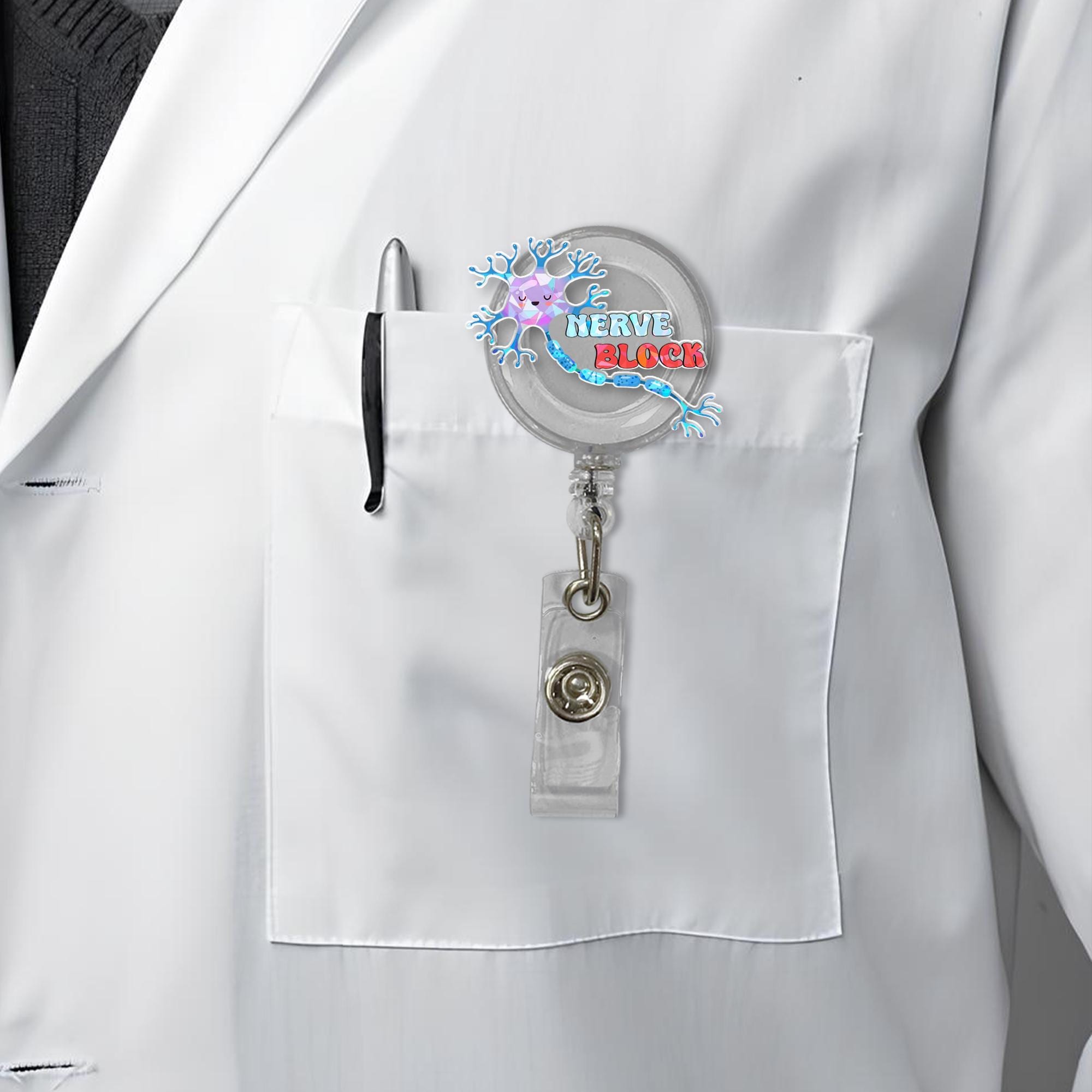 Nerve Block Badge Reel | Funny Holographic ID Holder | Anesthesiology Gift | Neuro Pun Badge | Medical Staff Clip | OR Nurse Reel