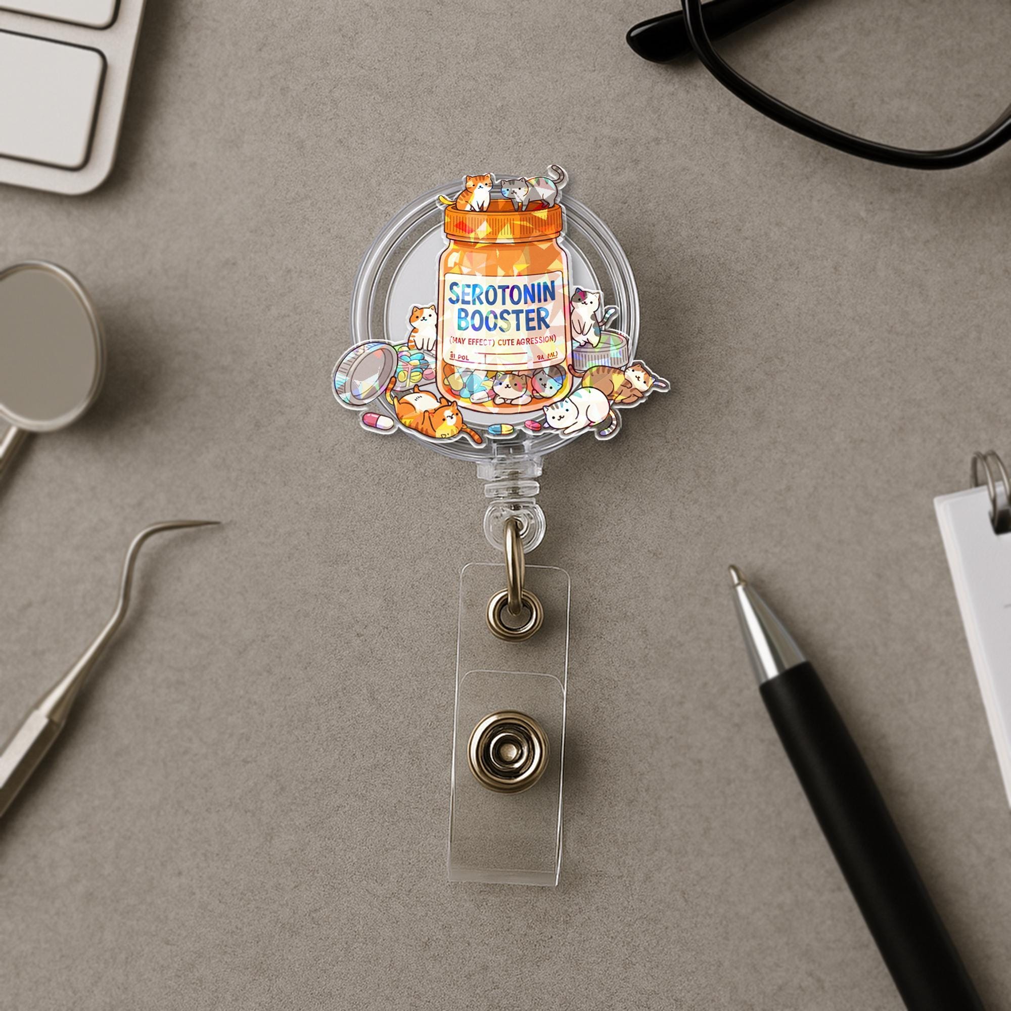 Serotonin Booster Cat Badge Reel | Cute Holographic ID Holder | Therapy Nurse Gift | Funny Mental Health Clip | Vet Tech Badge