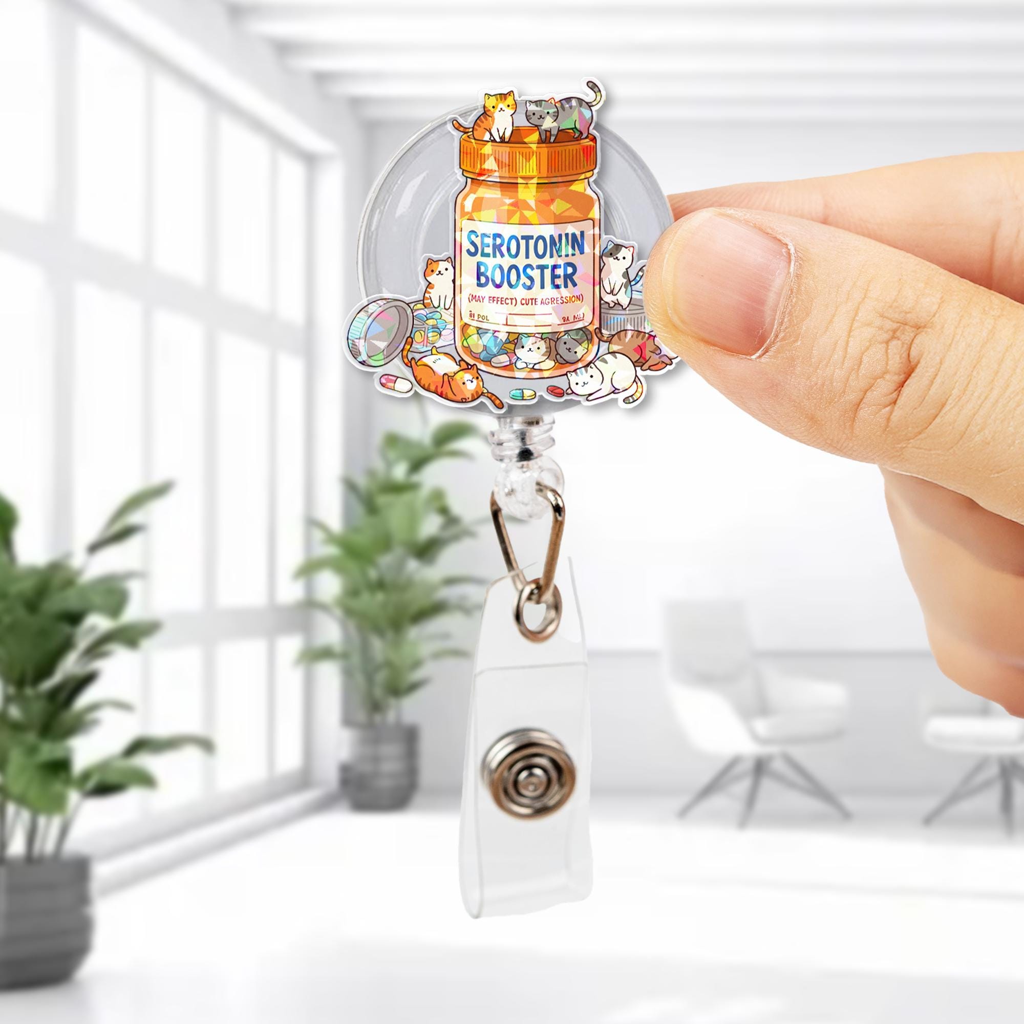 Serotonin Booster Cat Badge Reel | Cute Holographic ID Holder | Therapy Nurse Gift | Funny Mental Health Clip | Vet Tech Badge
