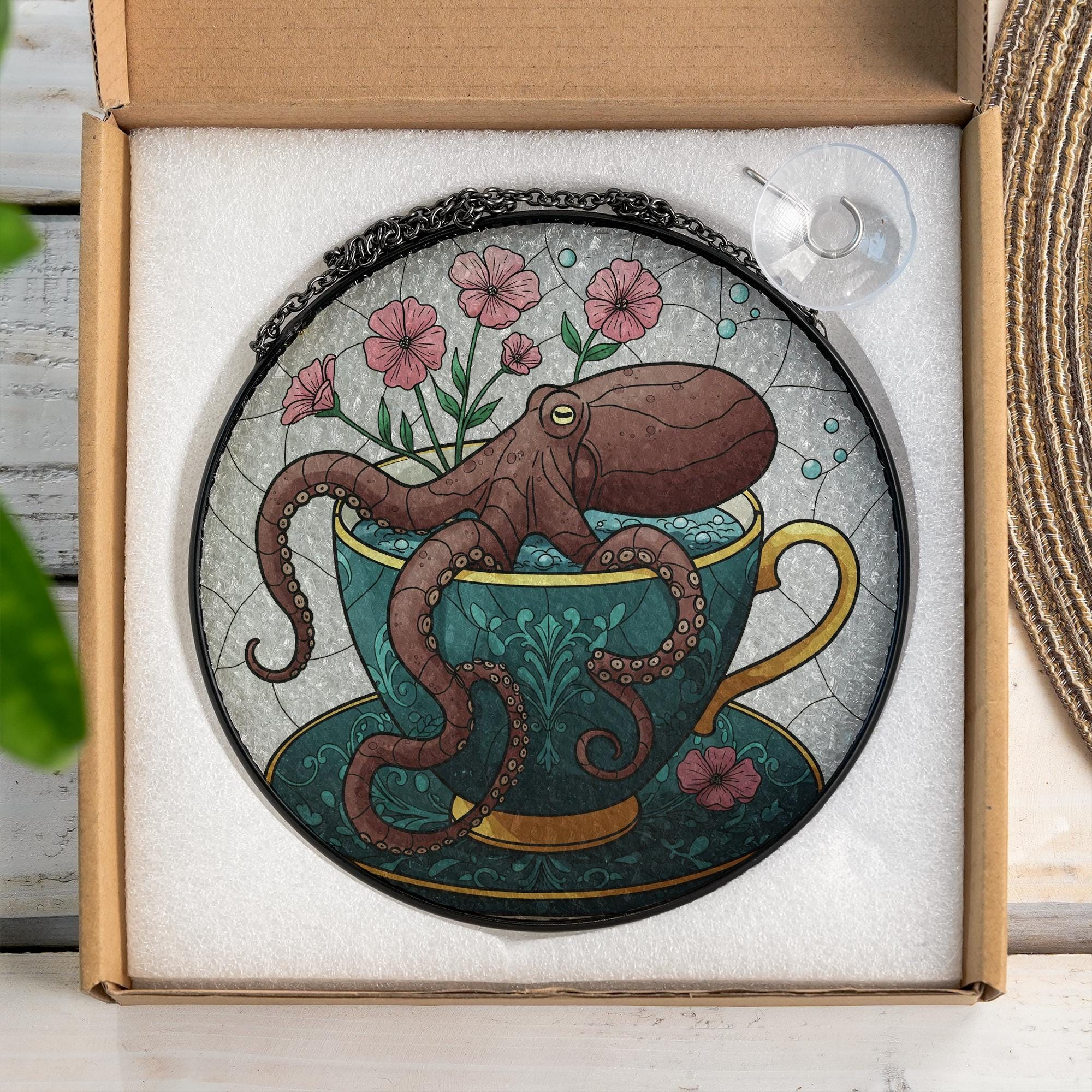 Octopus Teacup Glass Suncatcher | Quirky Sea Creature Window Art | Stained Glass Style Decor | Ocean Lover Gift | Mother's Day Gift