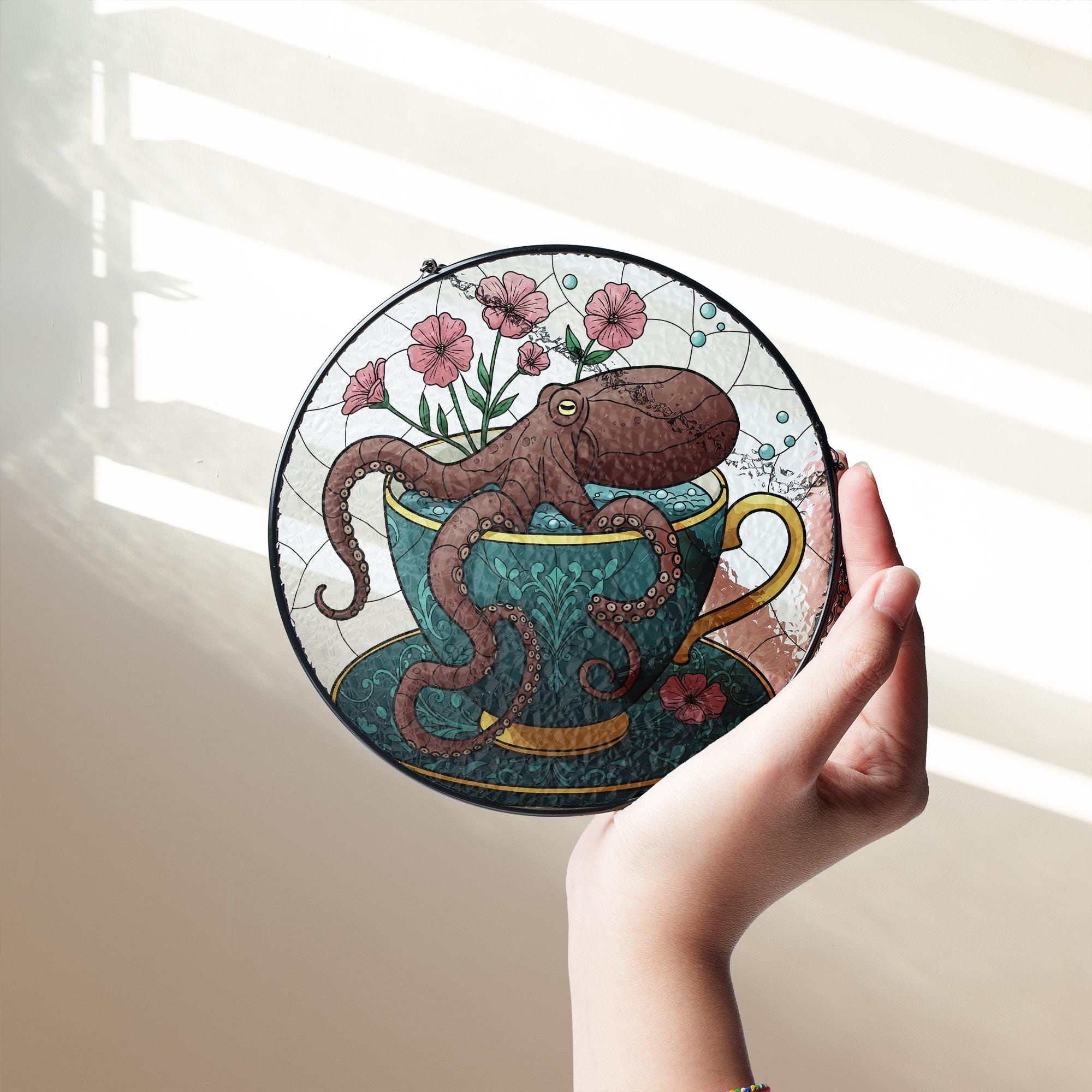 Octopus Teacup Glass Suncatcher | Quirky Sea Creature Window Art | Stained Glass Style Decor | Ocean Lover Gift | Mother's Day Gift