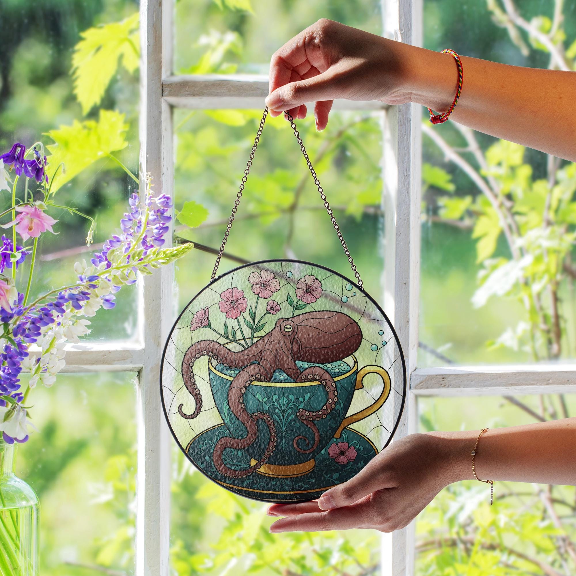 Octopus Teacup Glass Suncatcher | Quirky Sea Creature Window Art | Stained Glass Style Decor | Ocean Lover Gift | Mother's Day Gift