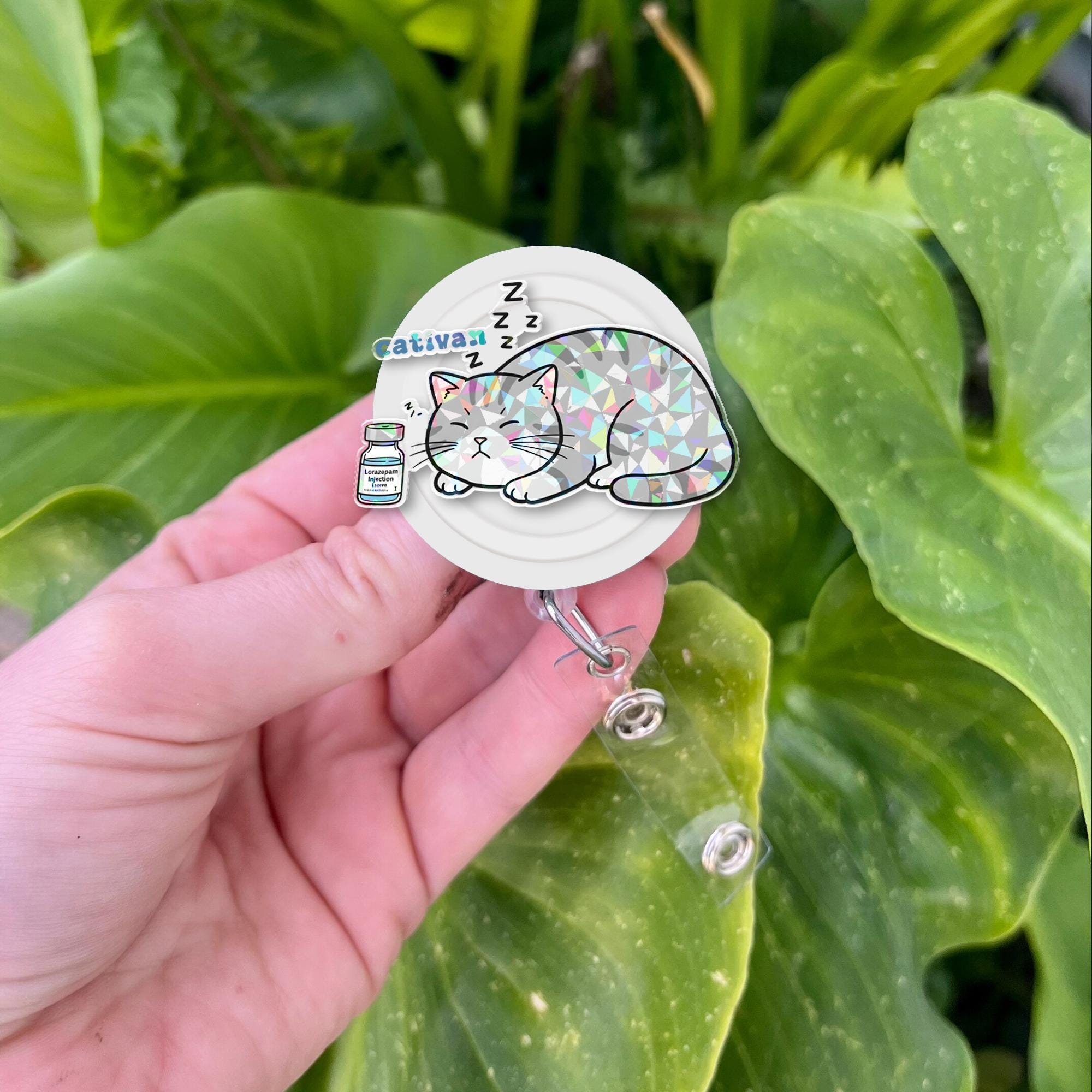 Cativan Sleeping Cat Badge Reel | Funny Holographic ID Holder | Vet Tech Gift | Lazy Cat Nurse Badge | Anesthesia Pun Work Clip