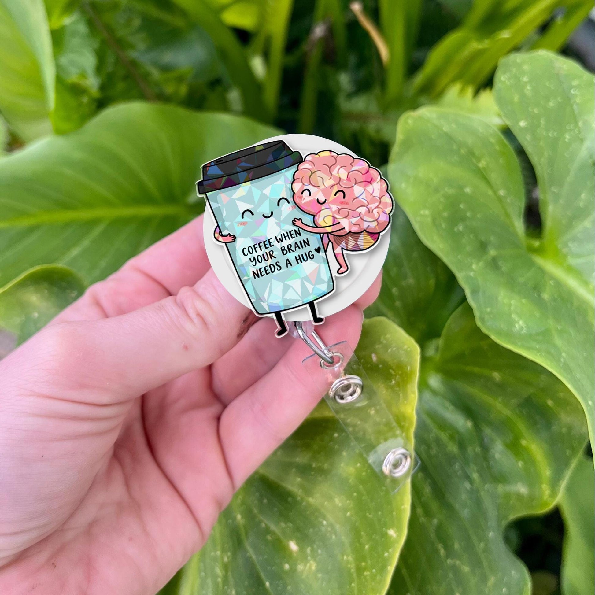 Coffee and Brain Badge Reel | Coffee Hug ID Holder | Cute Holographic Badge Clip | Caffeine Lover Gift | Funny Nurse Work Badge
