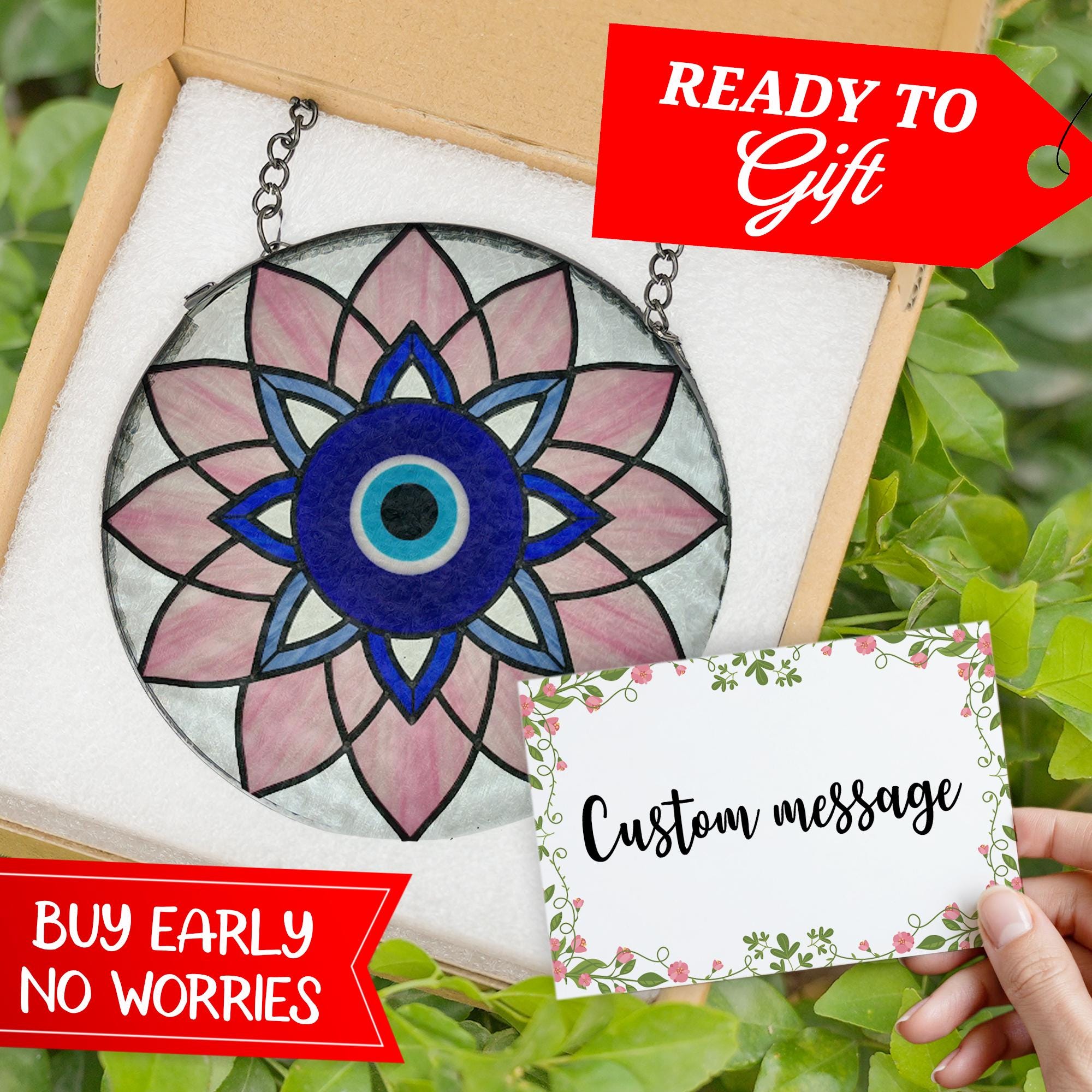Evil Eye Mandala Glass Suncatcher | Stained Glass Window Hanging | Spiritual Protection Gift | Mother's Day Ready to Gift Decor