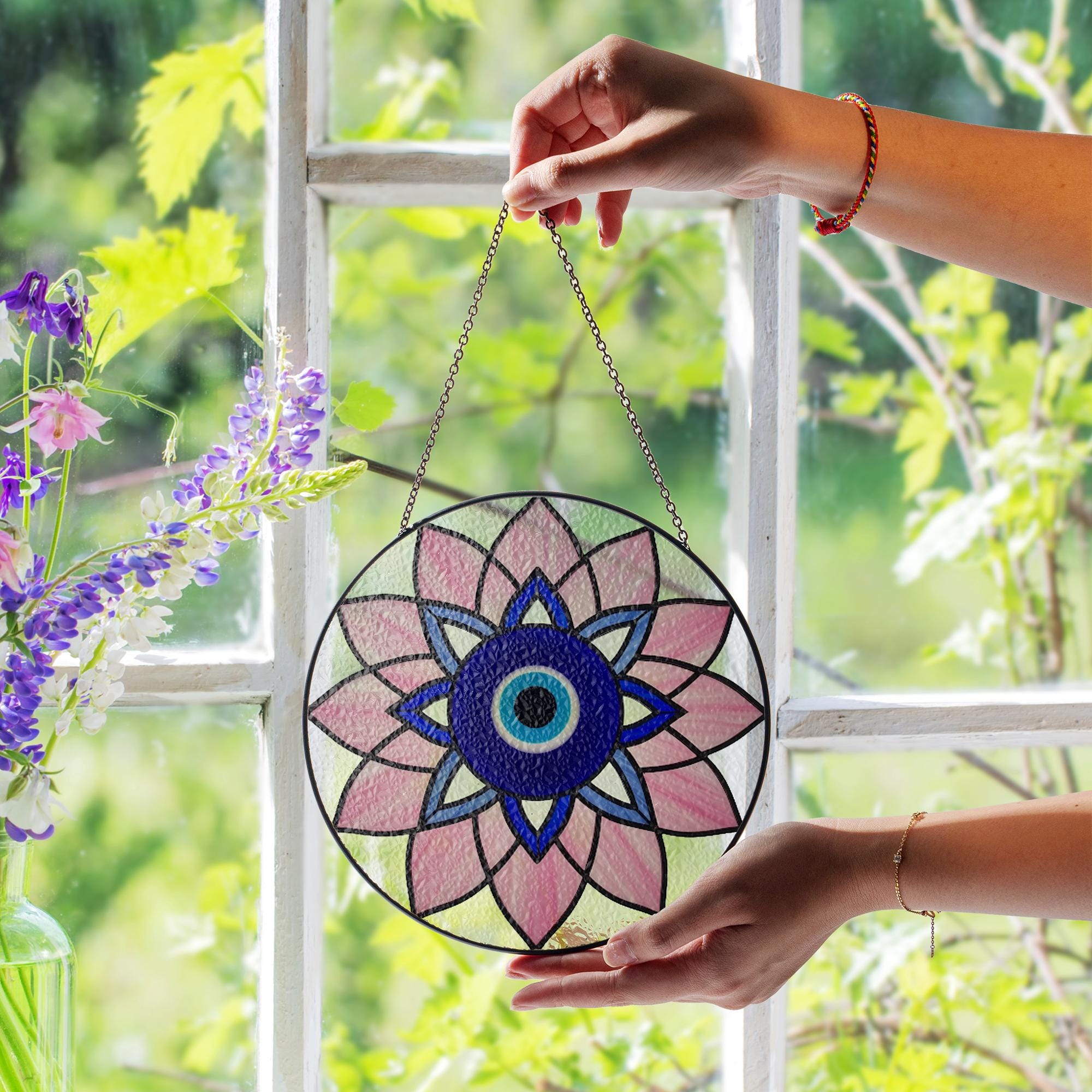 Evil Eye Mandala Glass Suncatcher | Stained Glass Window Hanging | Spiritual Protection Gift | Mother's Day Ready to Gift Decor