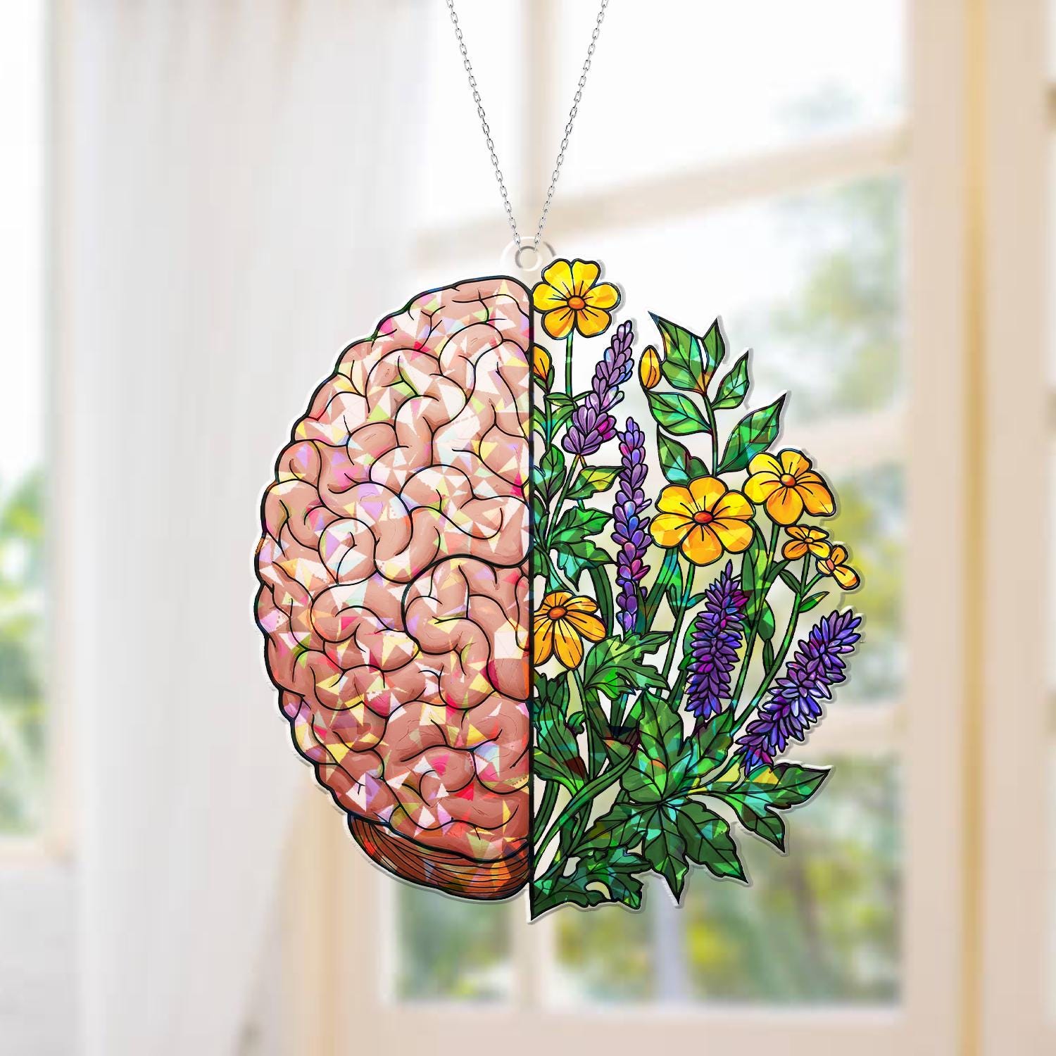Brain & Flowers Acrylic Suncatcher | Holographic Window Hanging | Mental Health Art Gift | Floral Mind Decor | Mother's Day Gift Idea
