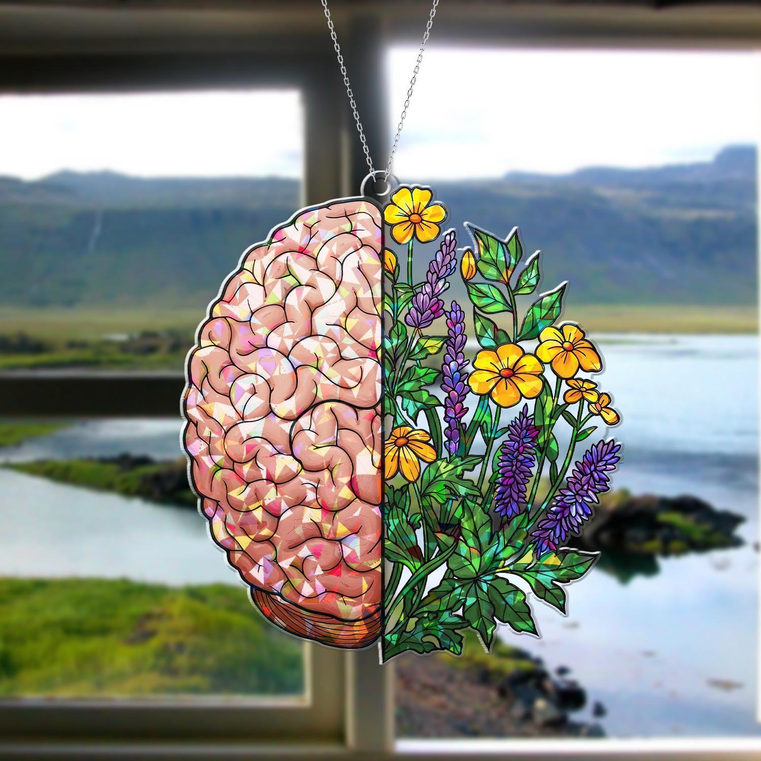 Brain & Flowers Acrylic Suncatcher | Holographic Window Hanging | Mental Health Art Gift | Floral Mind Decor | Mother's Day Gift Idea